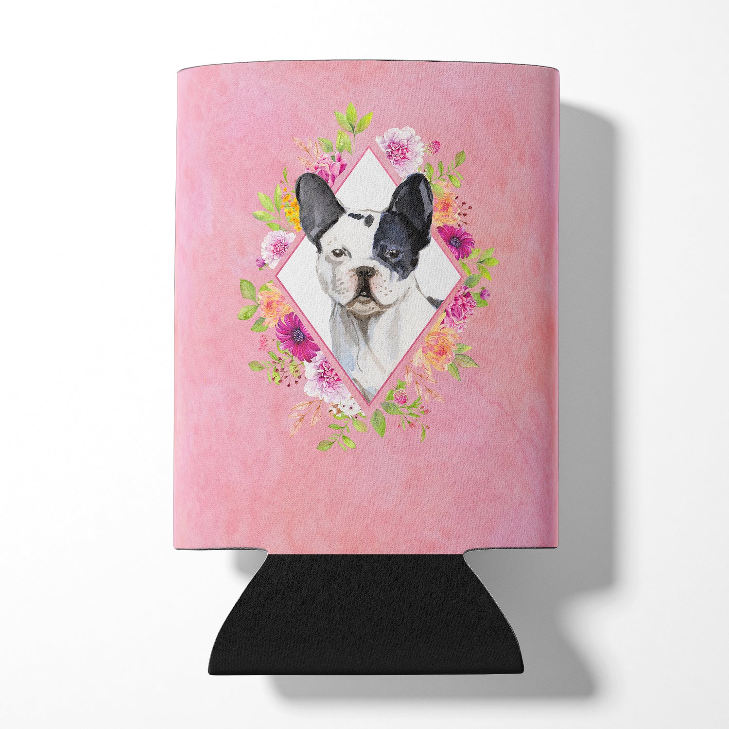 Black and White Frenchie Pink Flowers Can or Bottle Hugger CK4260CC  the-store.com.