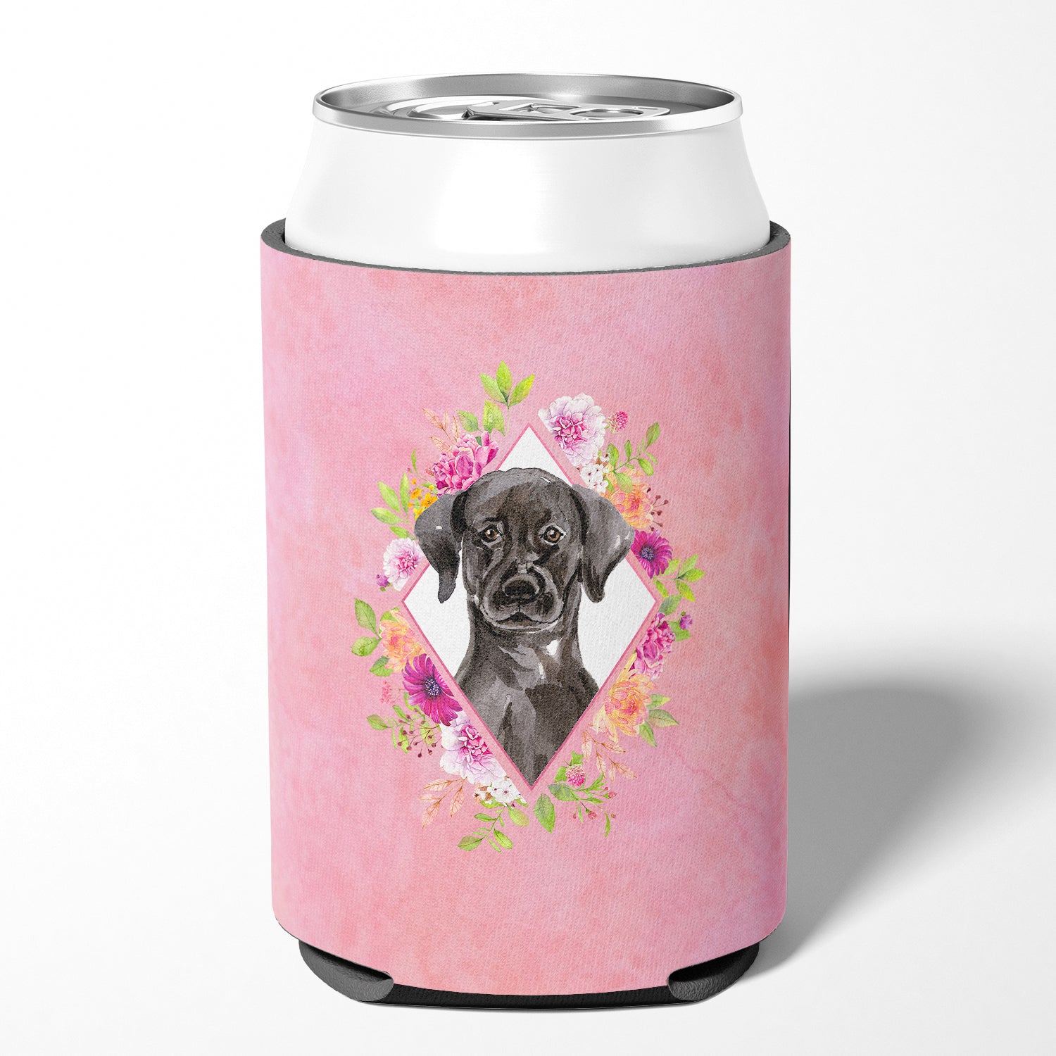 Black Labrador Pink Flowers Can or Bottle Hugger CK4261CC  the-store.com.