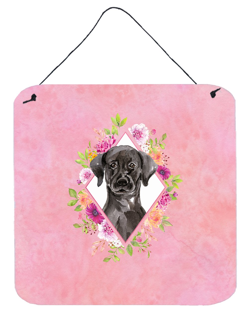 Black Labrador Pink Flowers Wall or Door Hanging Prints CK4261DS66 by Caroline's Treasures