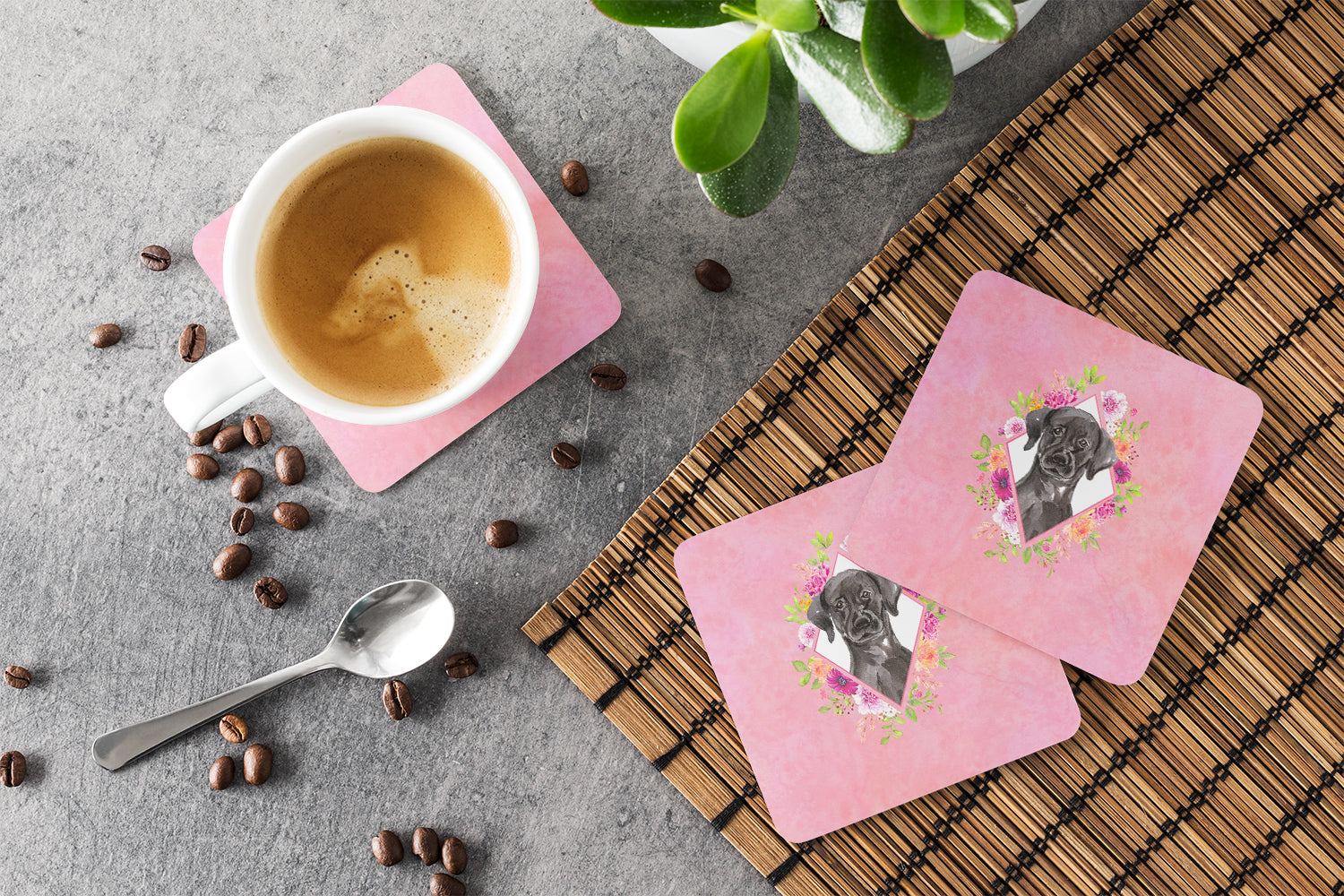 Set of 4 Black Labrador Pink Flowers Foam Coasters Set of 4 CK4261FC - the-store.com