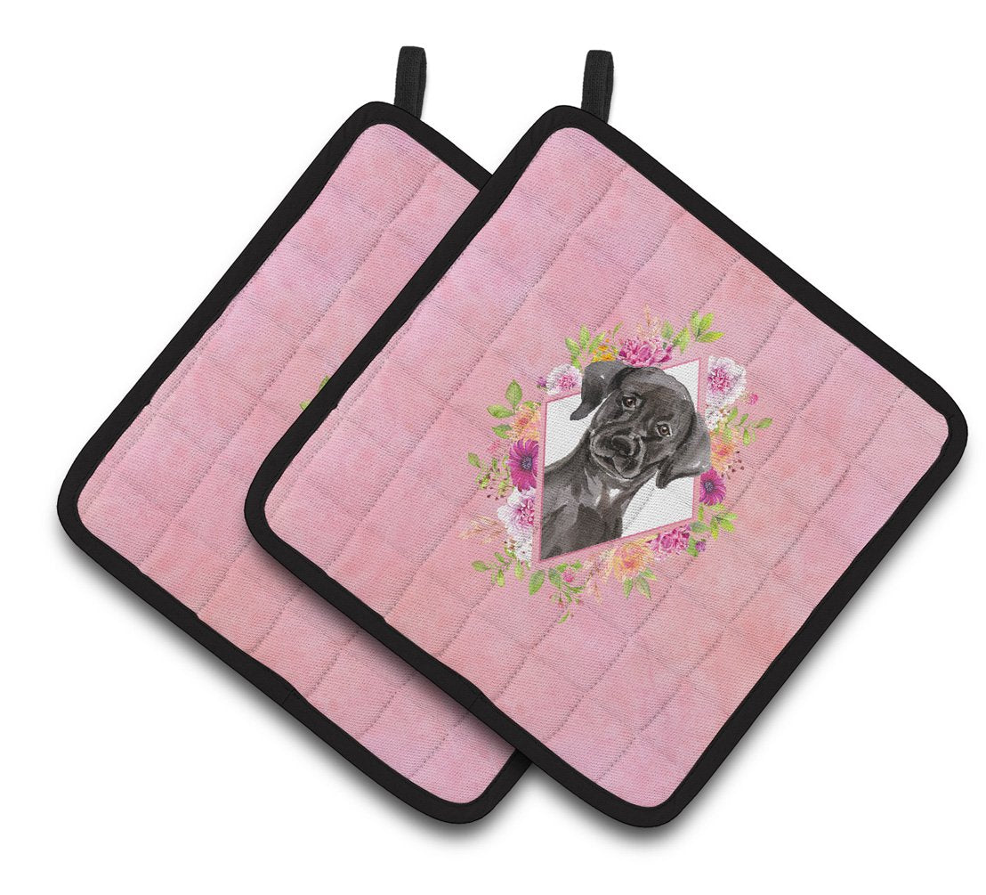 Black Labrador Pink Flowers Pair of Pot Holders CK4261PTHD by Caroline's Treasures