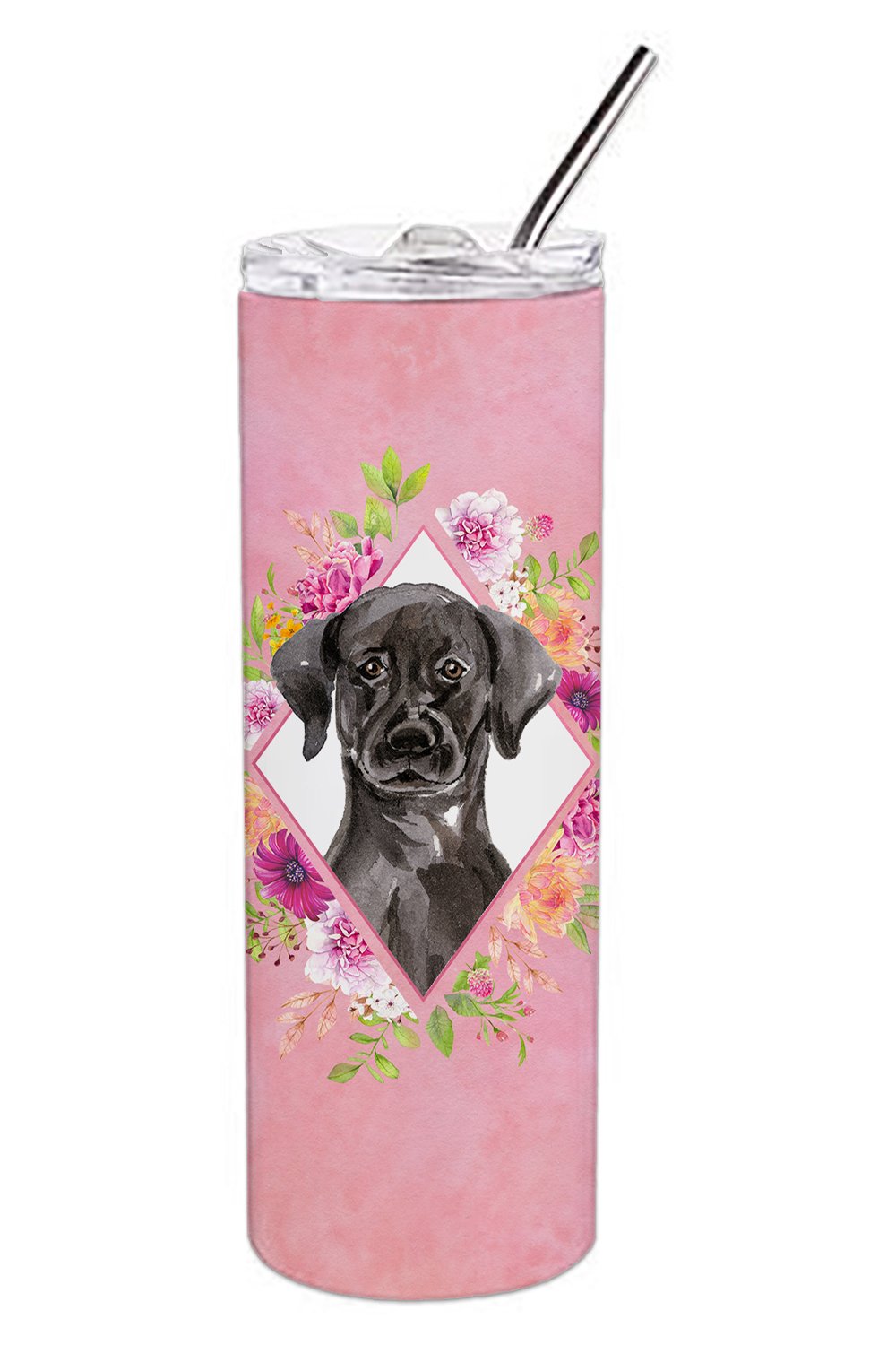 Black Labrador Pink Flowers Double Walled Stainless Steel 20 oz Skinny Tumbler CK4261TBL20 by Caroline's Treasures