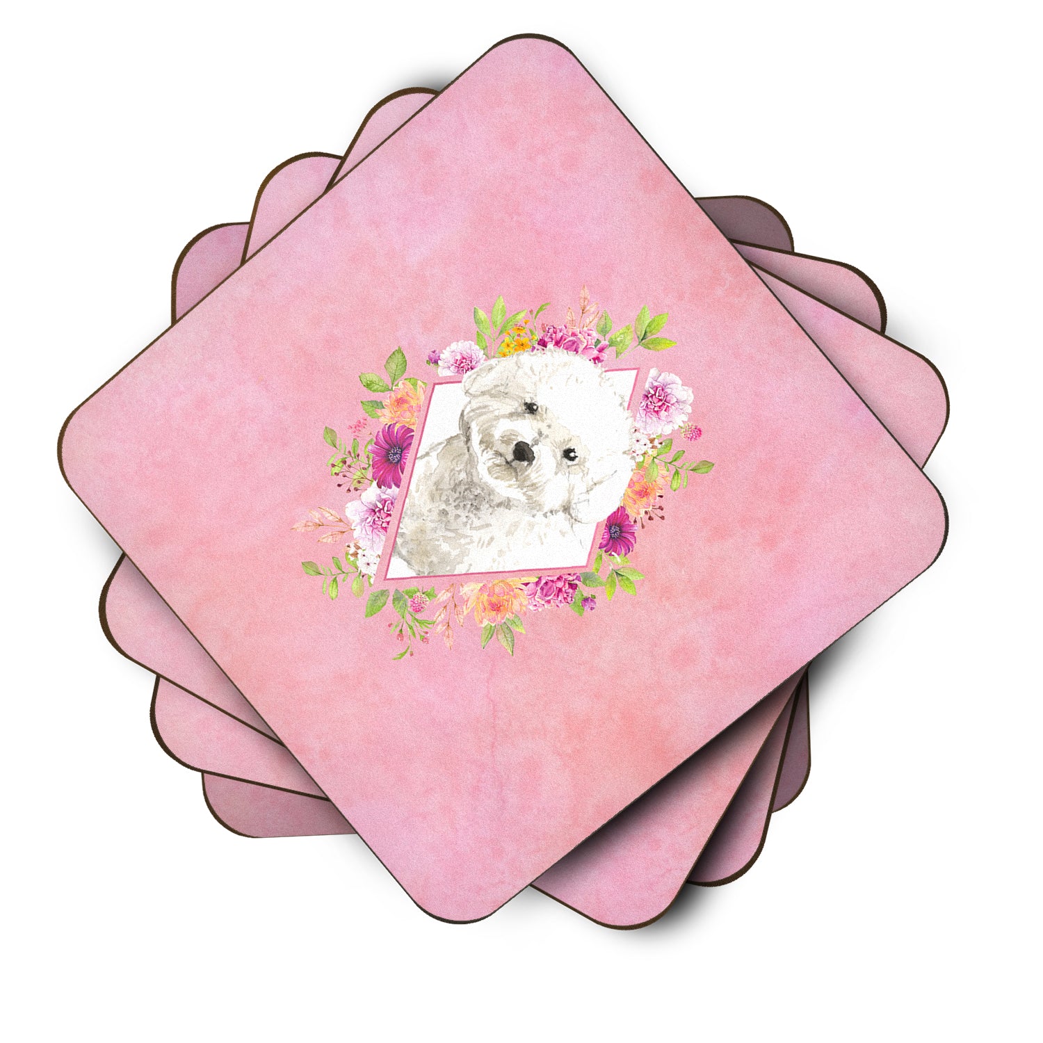 Set of 4 Bichon Frise Pink Flowers Foam Coasters Set of 4 CK4263FC - the-store.com