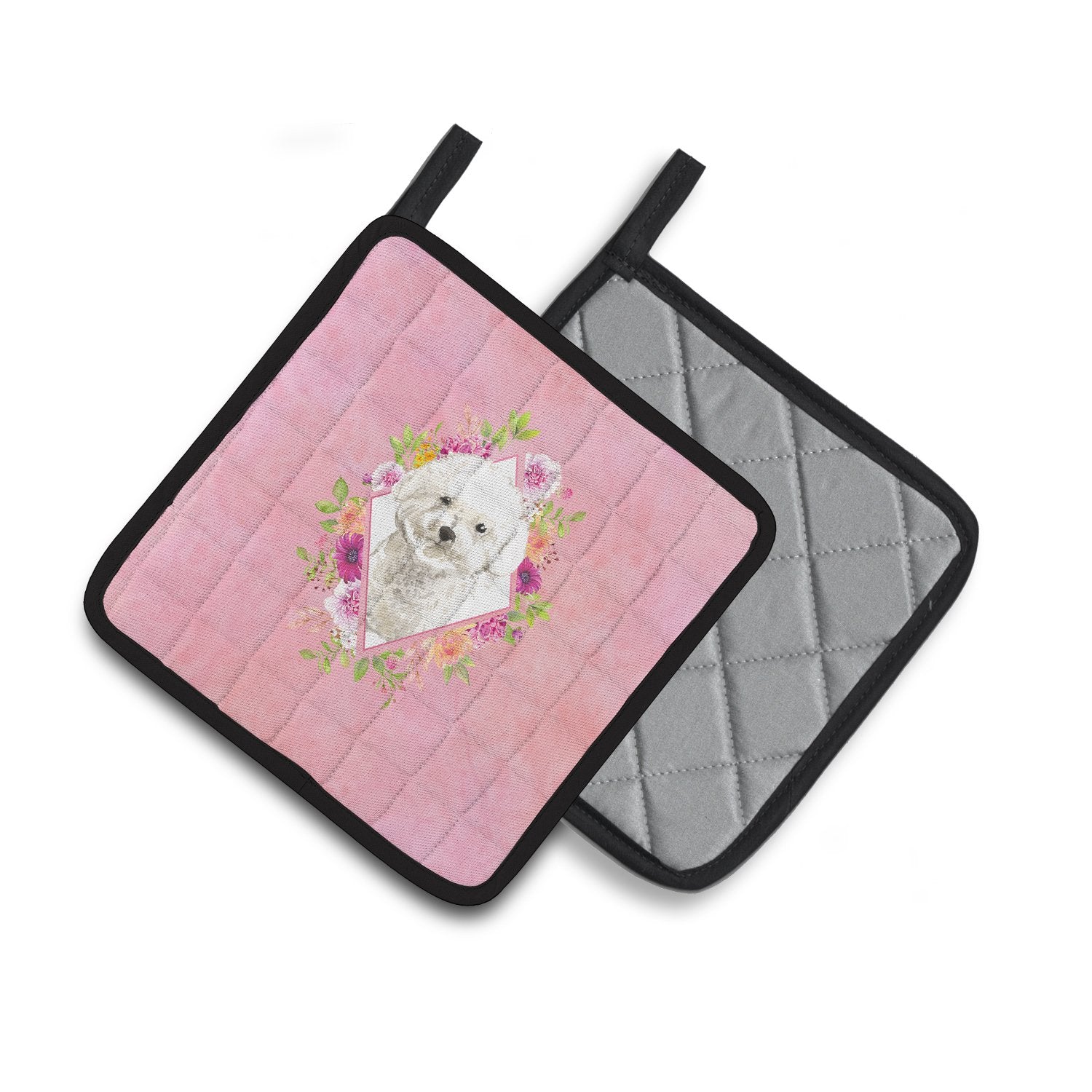 Bichon Frise Pink Flowers Pair of Pot Holders CK4263PTHD by Caroline's Treasures