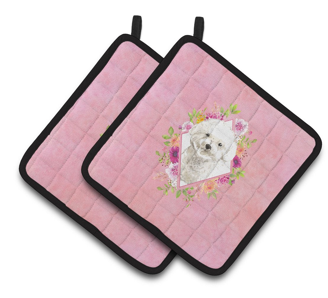 Bichon Frise Pink Flowers Pair of Pot Holders CK4263PTHD by Caroline's Treasures