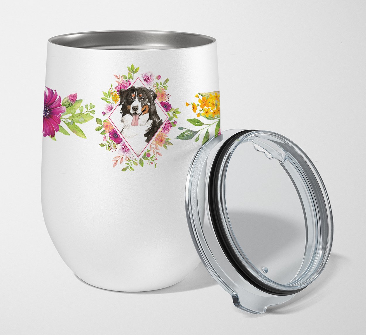 Bernese Mountain Dog Pink Flowers Stainless Steel 12 oz Stemless Wine Glass CK4264TBL12 by Caroline's Treasures