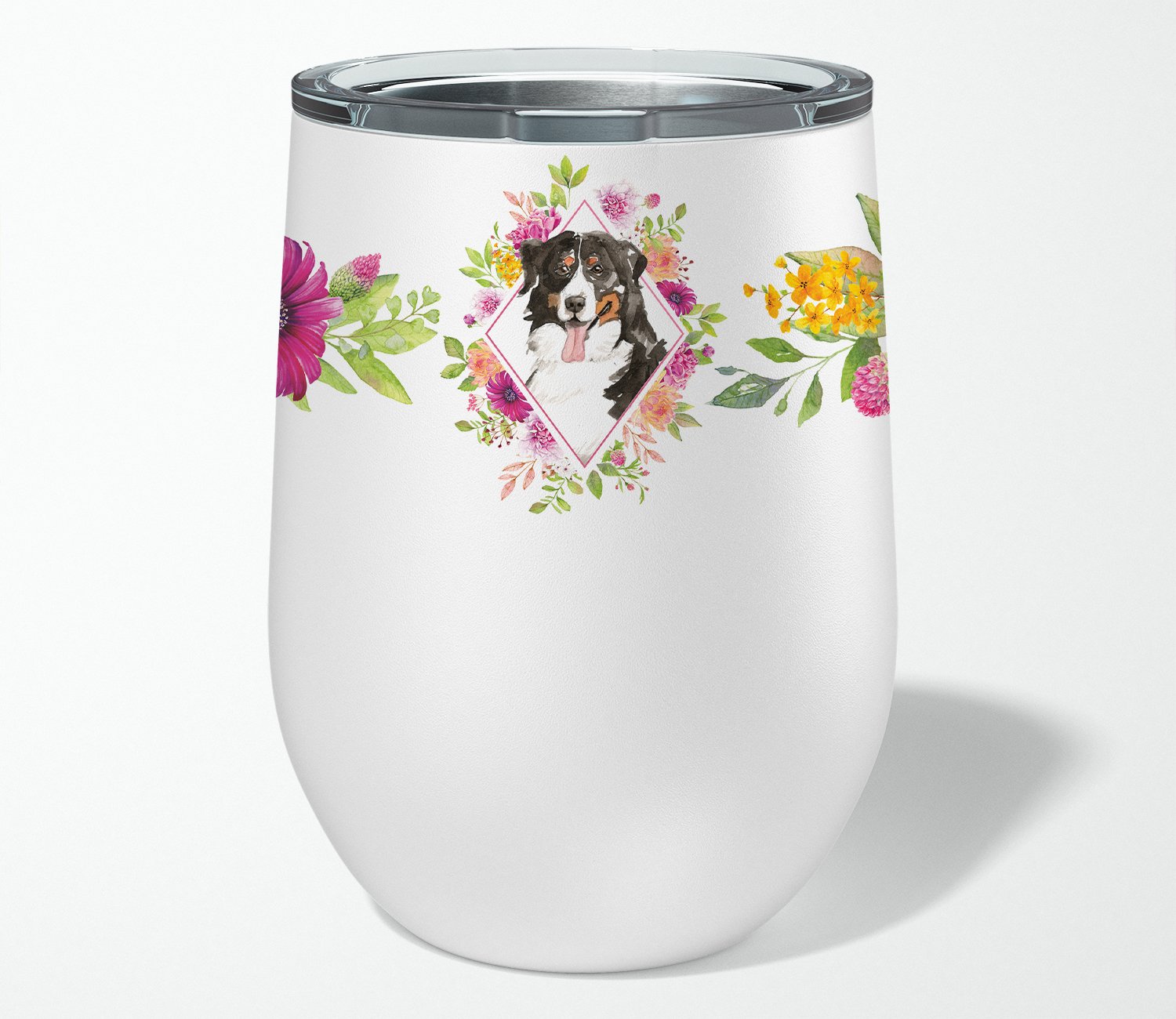 Bernese Mountain Dog Pink Flowers Stainless Steel 12 oz Stemless Wine Glass CK4264TBL12 by Caroline's Treasures