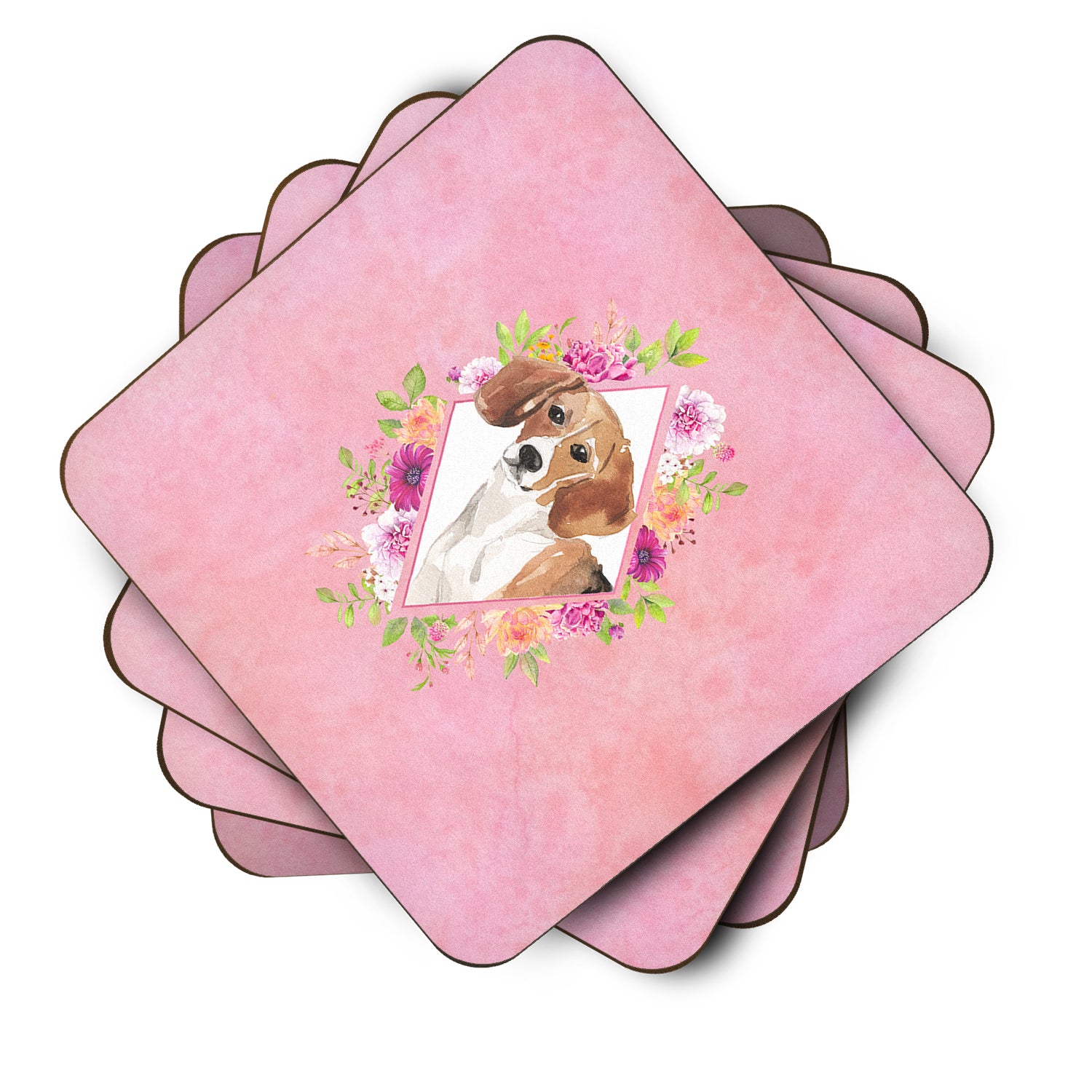 Set of 4 Beagle Pink Flowers Foam Coasters Set of 4 CK4265FC - the-store.com