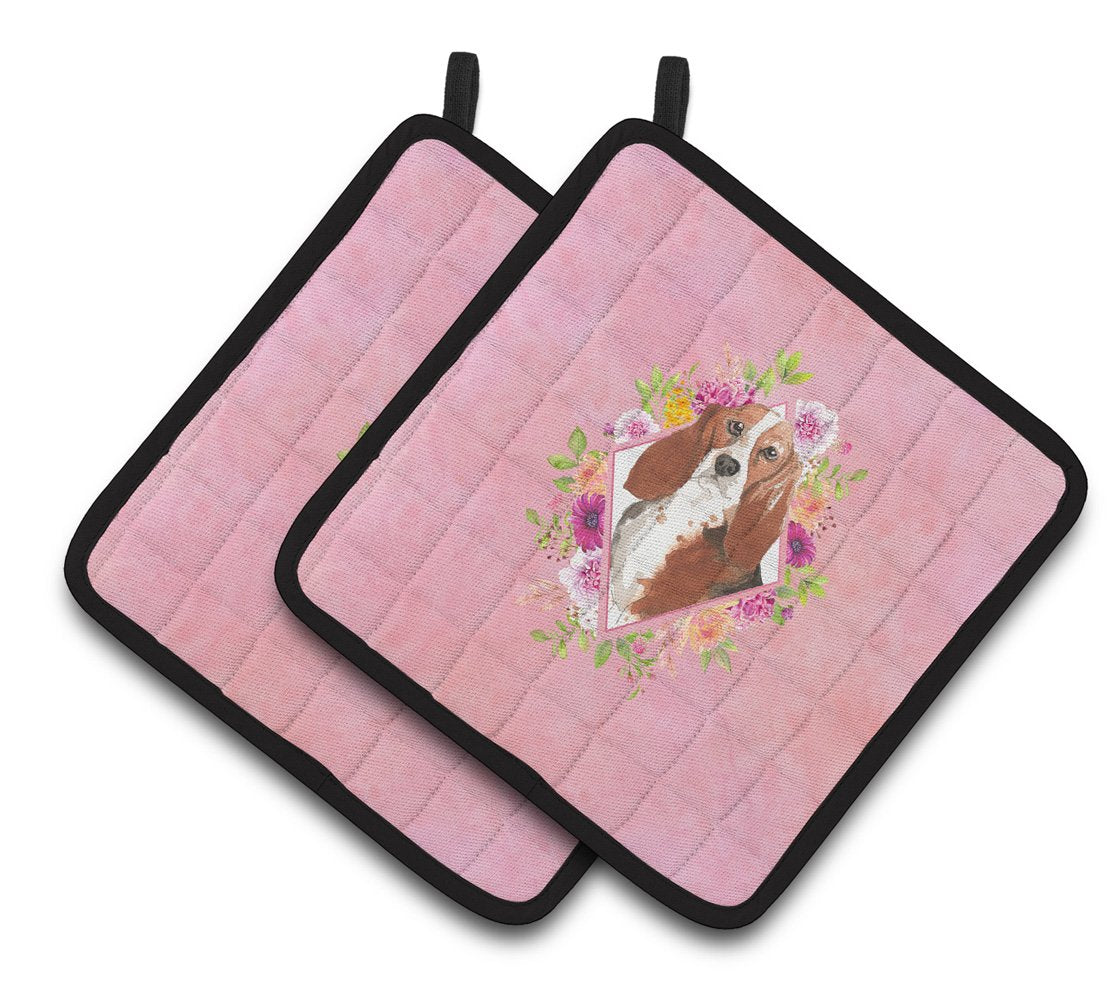 Basset Hound Pink Flowers Pair of Pot Holders CK4266PTHD by Caroline's Treasures