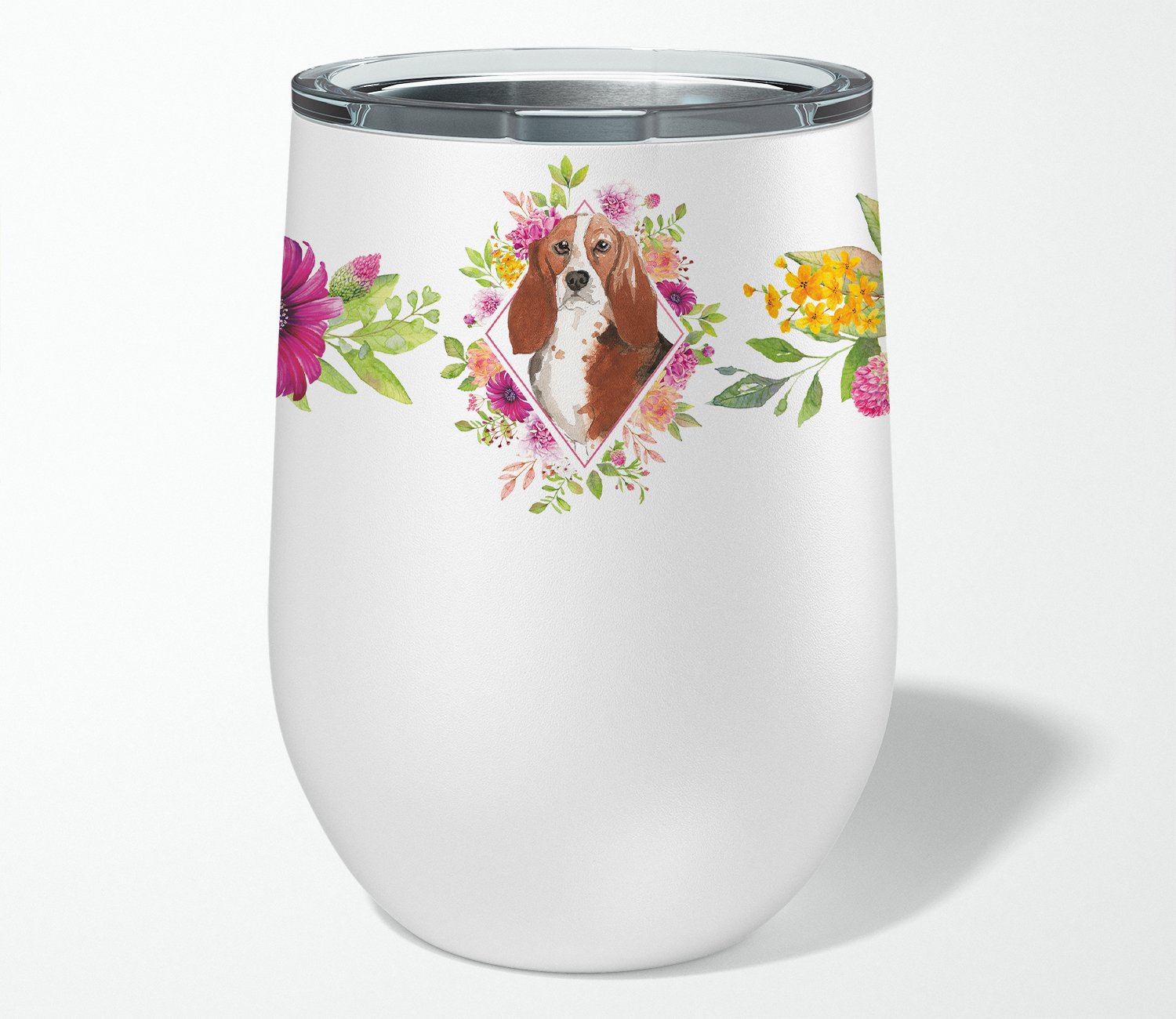 Basset Hound Pink Flowers Stainless Steel 12 oz Stemless Wine Glass CK4266TBL12 by Caroline's Treasures