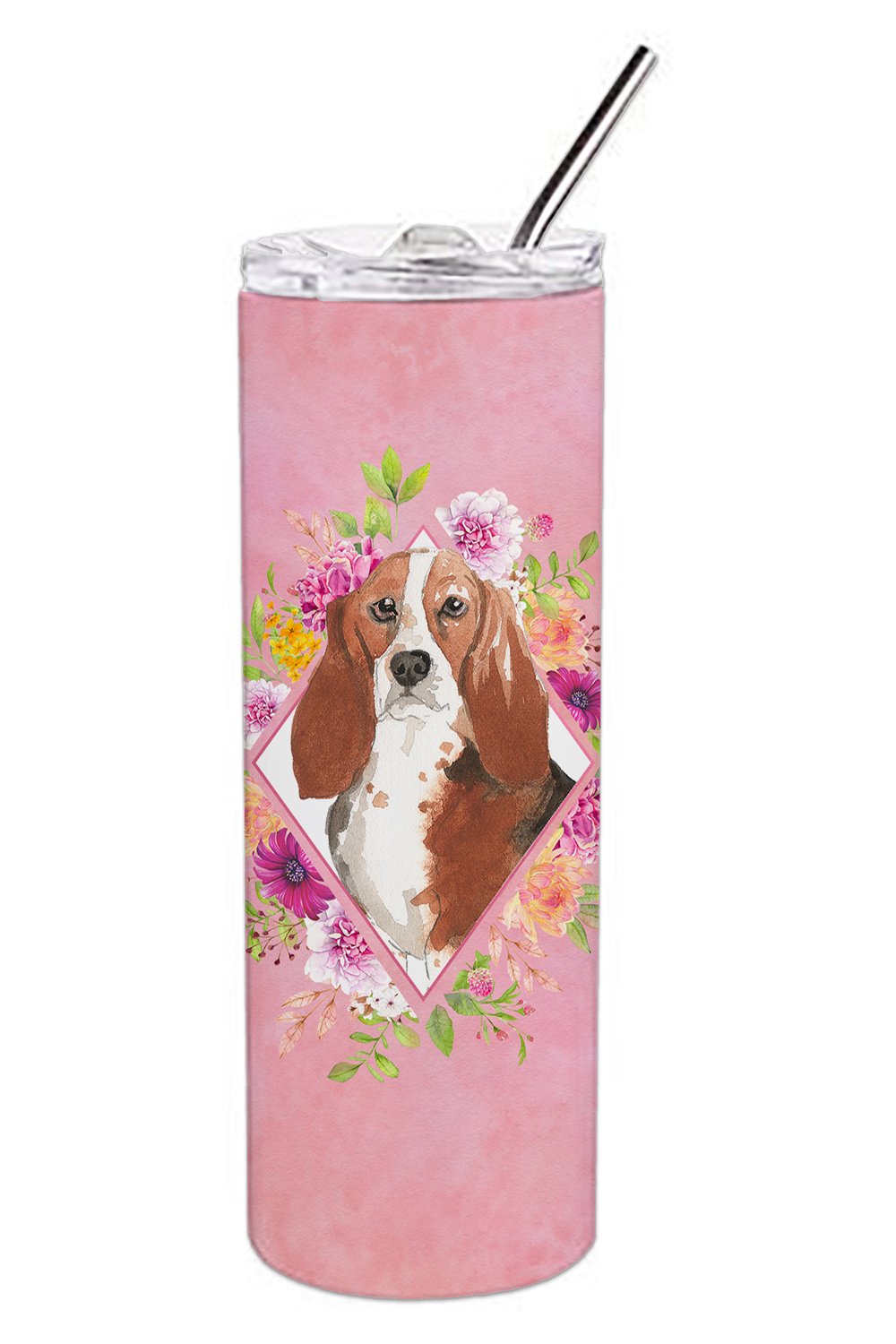 Basset Hound Pink Flowers Double Walled Stainless Steel 20 oz Skinny Tumbler CK4266TBL20 by Caroline's Treasures