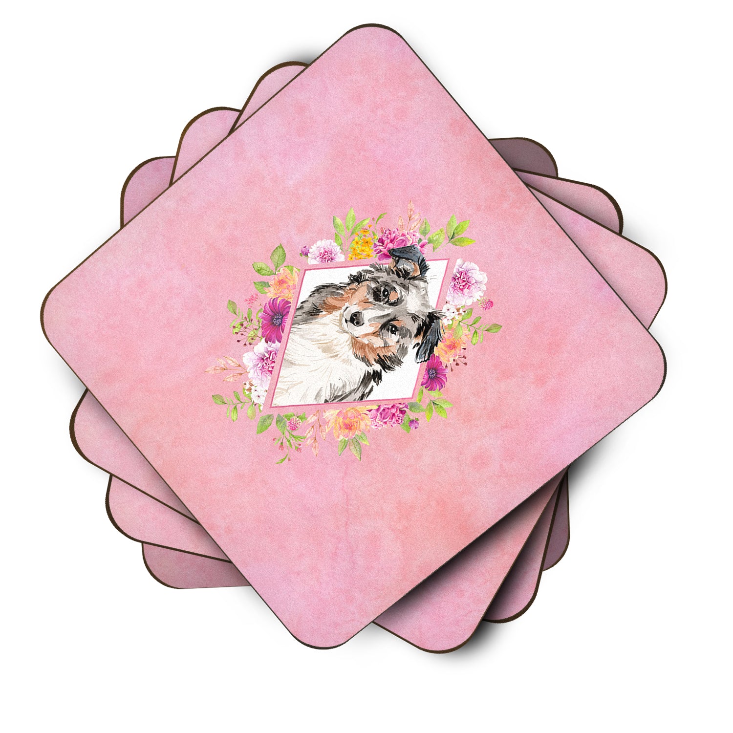 Set of 4 Australian Shepherd Pink Flowers Foam Coasters Set of 4 CK4267FC - the-store.com