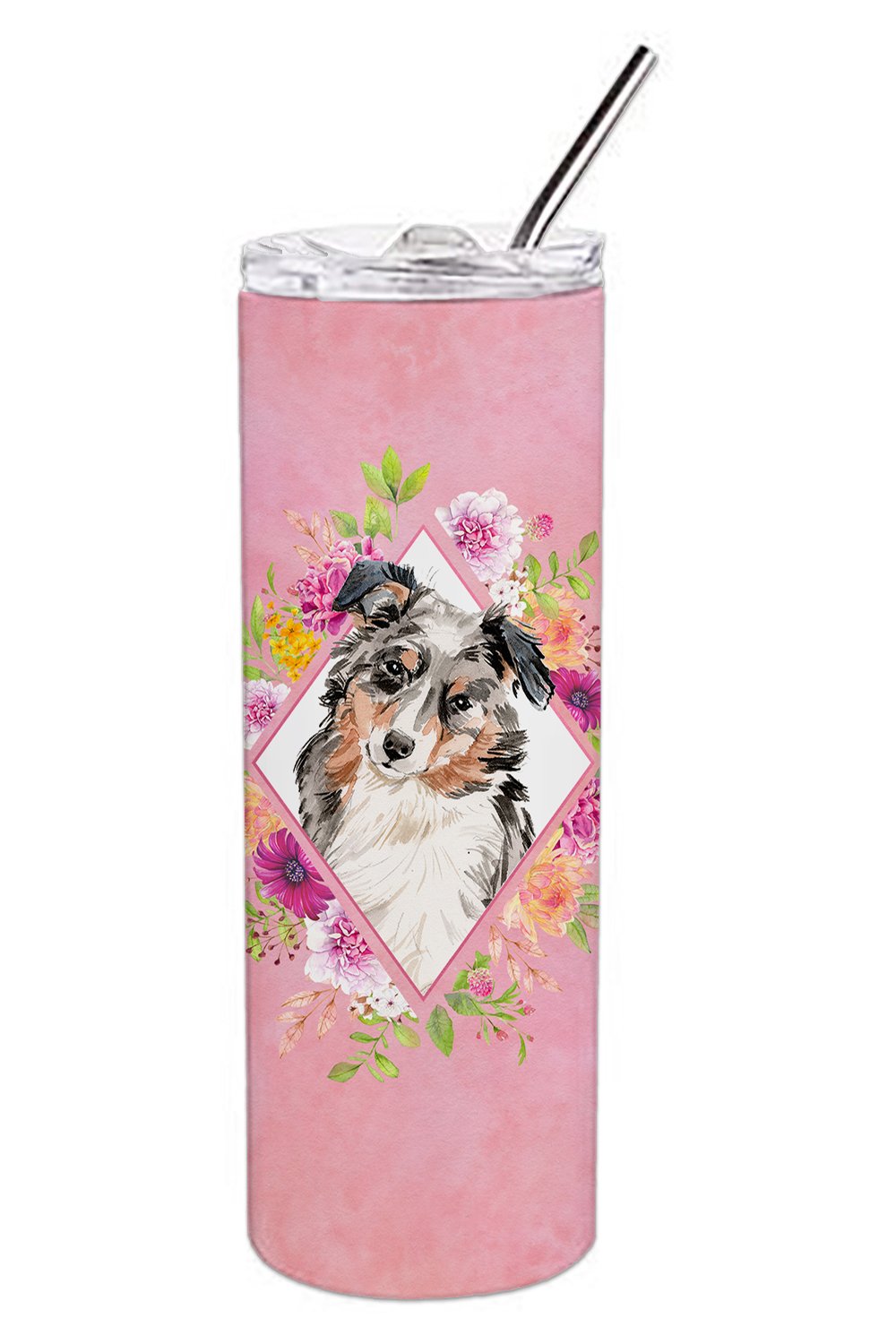 Australian Shepherd Pink Flowers Double Walled Stainless Steel 20 oz Skinny Tumbler CK4267TBL20 by Caroline's Treasures