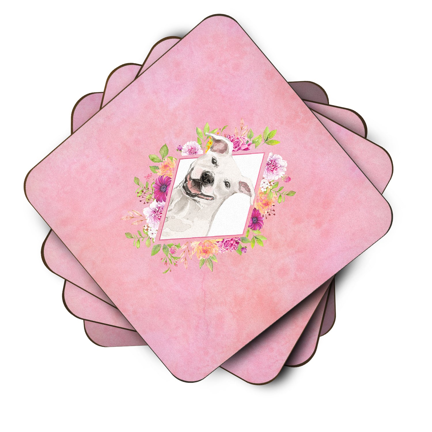 Set of 4 White Pit Bull Terrier Pink Flowers Foam Coasters Set of 4 CK4268FC - the-store.com