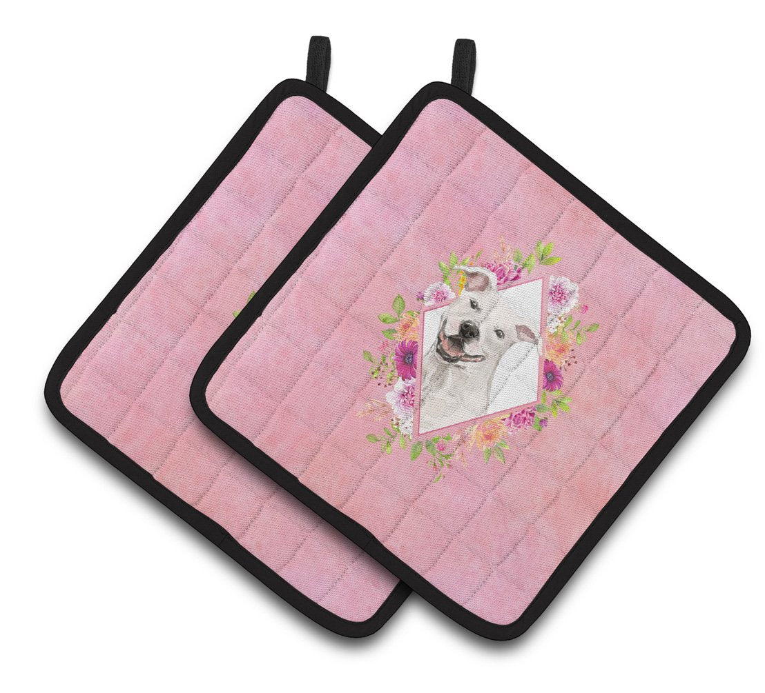 White Pit Bull Terrier Pink Flowers Pair of Pot Holders CK4268PTHD by Caroline's Treasures