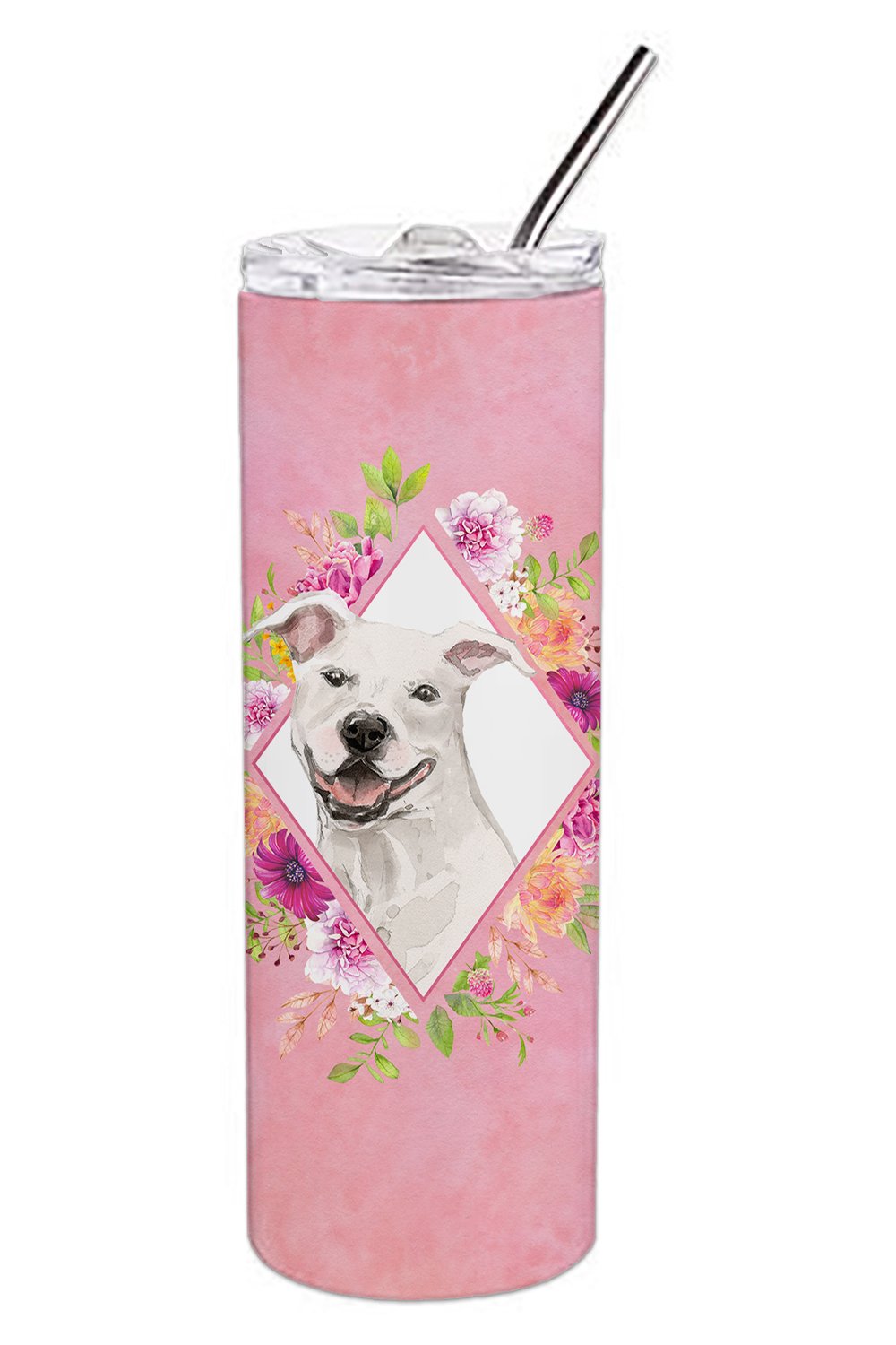 White Pit Bull Terrier Pink Flowers Double Walled Stainless Steel 20 oz Skinny Tumbler CK4268TBL20 by Caroline's Treasures