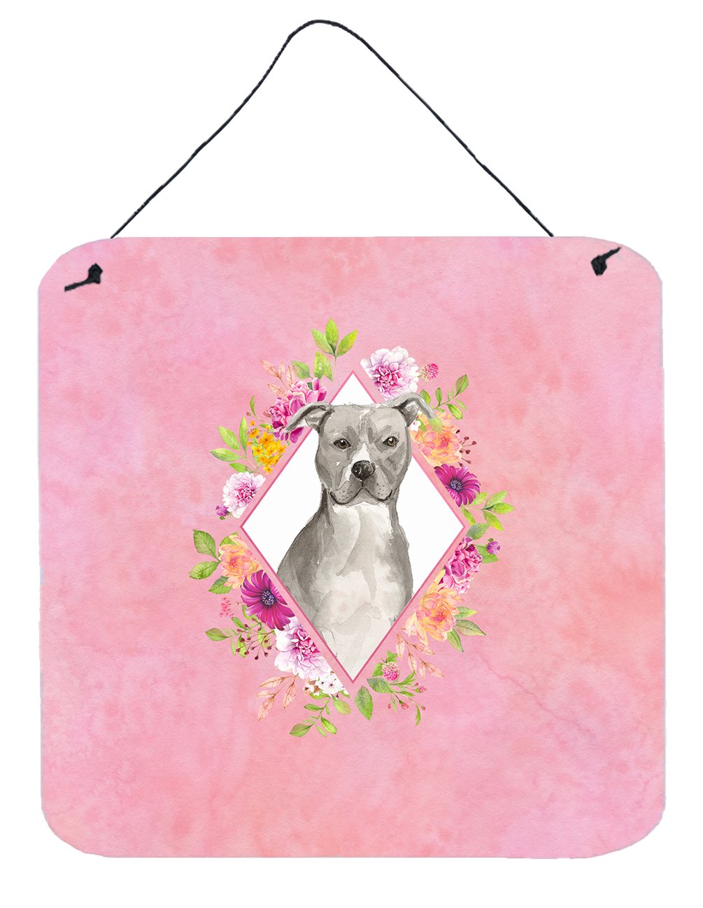 Blue Pit Bull Terrier Pink Flowers Wall or Door Hanging Prints CK4269DS66 by Caroline&#39;s Treasures