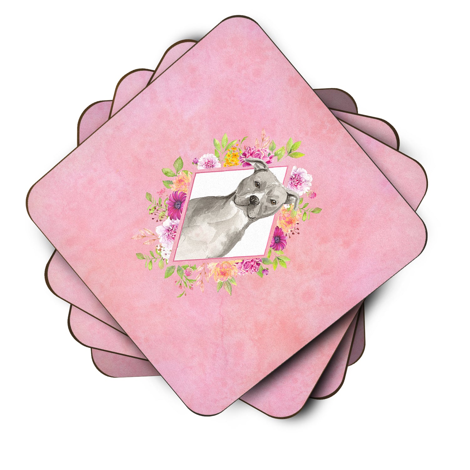 Set of 4 Blue Pit Bull Terrier Pink Flowers Foam Coasters Set of 4 CK4269FC - the-store.com