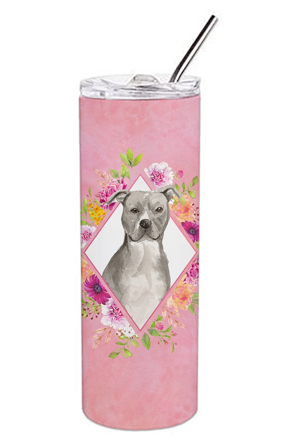 Blue Pit Bull Terrier Pink Flowers Double Walled Stainless Steel 20 oz Skinny Tumbler CK4269TBL20 by Caroline's Treasures