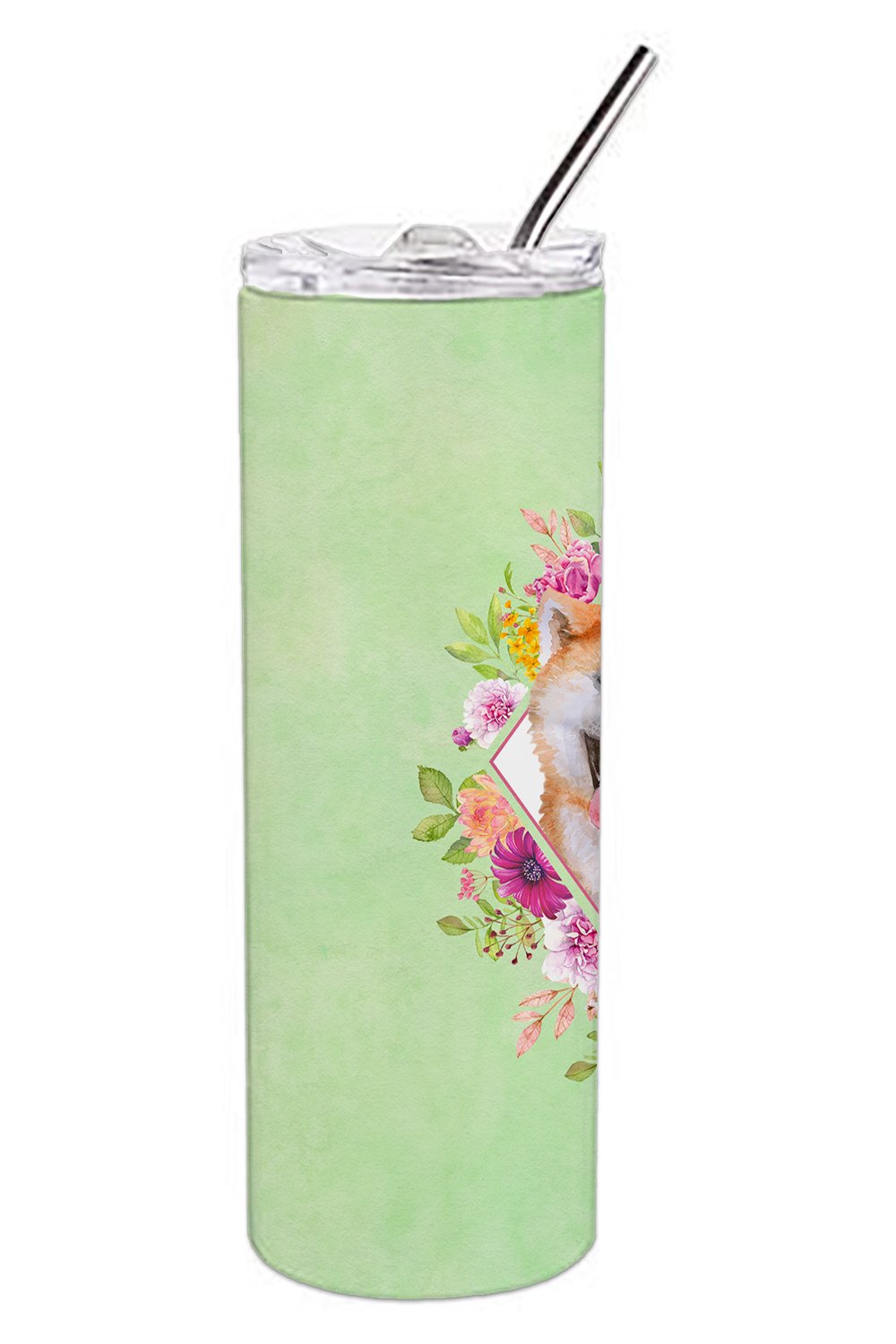 Akita Green Flowers Double Walled Stainless Steel 20 oz Skinny Tumbler CK4271TBL20 by Caroline's Treasures