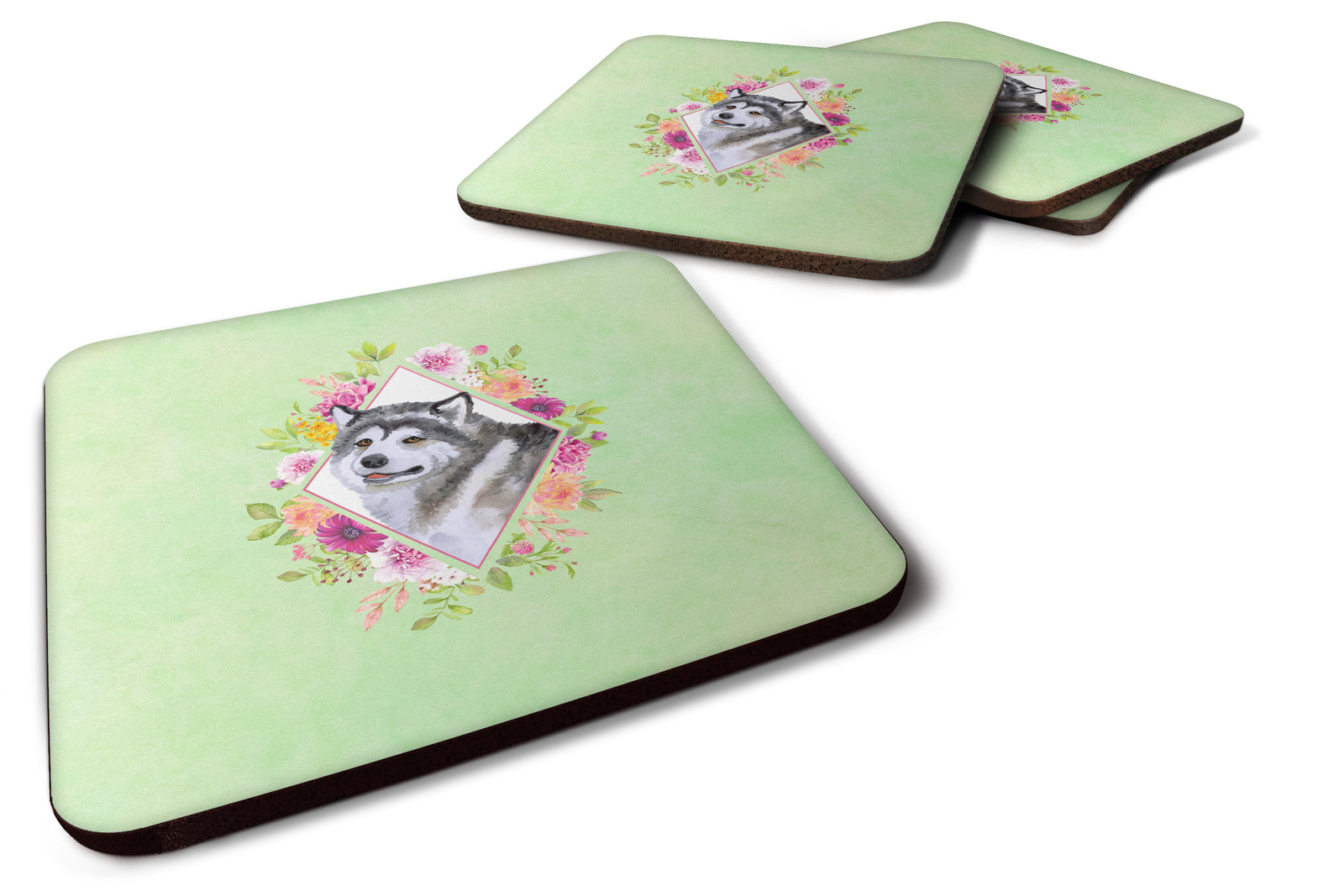 Set of 4 Alaskan Malamute Green Flowers Foam Coasters Set of 4 CK4272FC - the-store.com