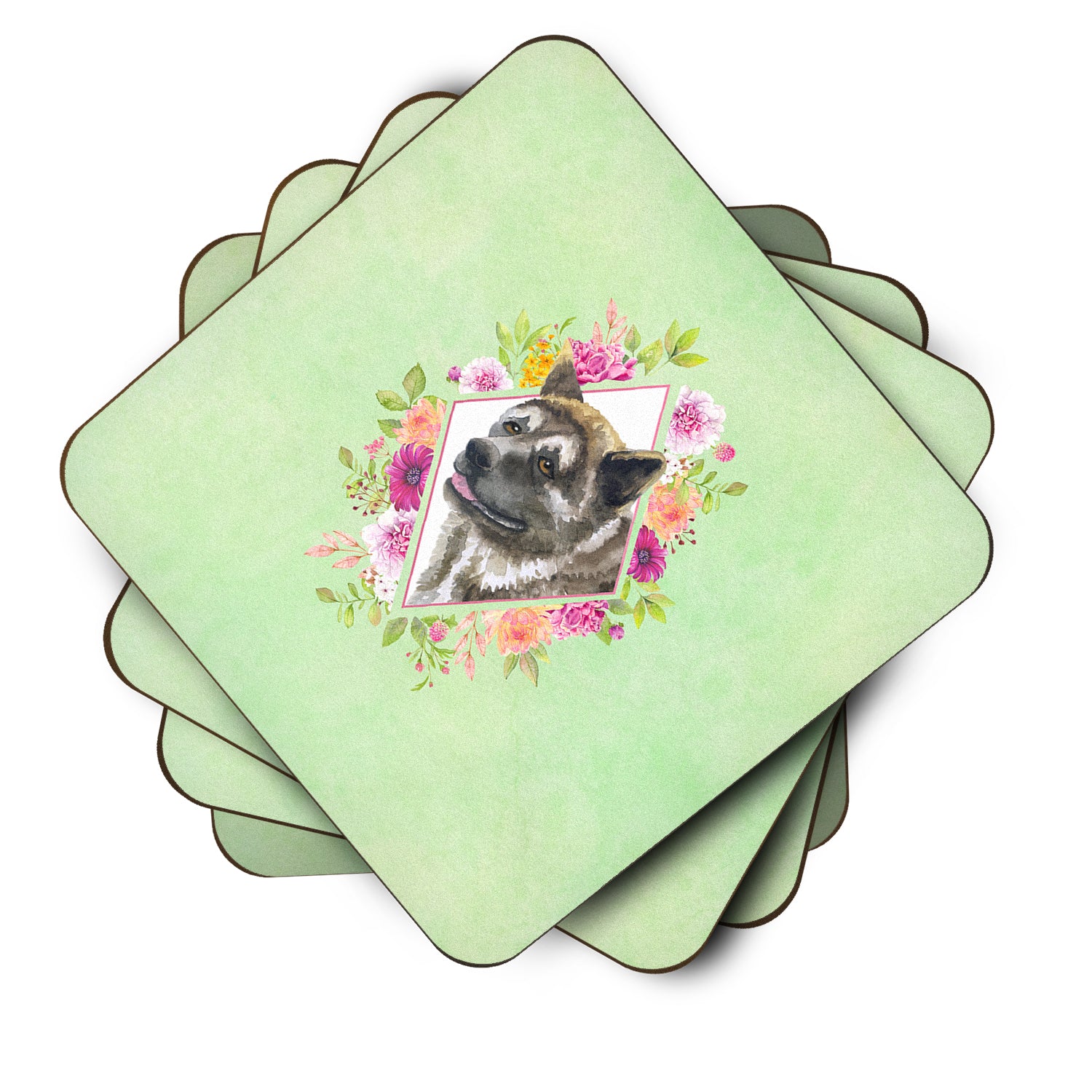 Set of 4 Akita Green Flowers Foam Coasters Set of 4 CK4273FC - the-store.com