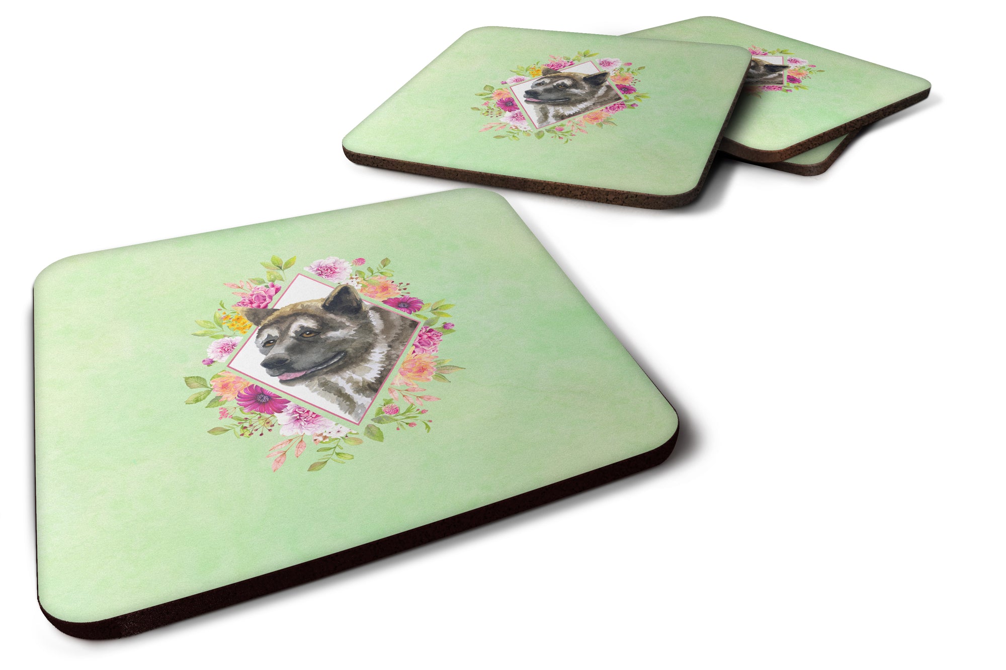 Set of 4 Akita Green Flowers Foam Coasters Set of 4 CK4273FC - the-store.com