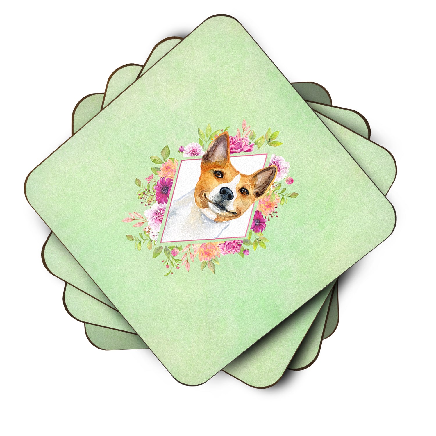 Set of 4 Basenji Green Flowers Foam Coasters Set of 4 CK4275FC - the-store.com