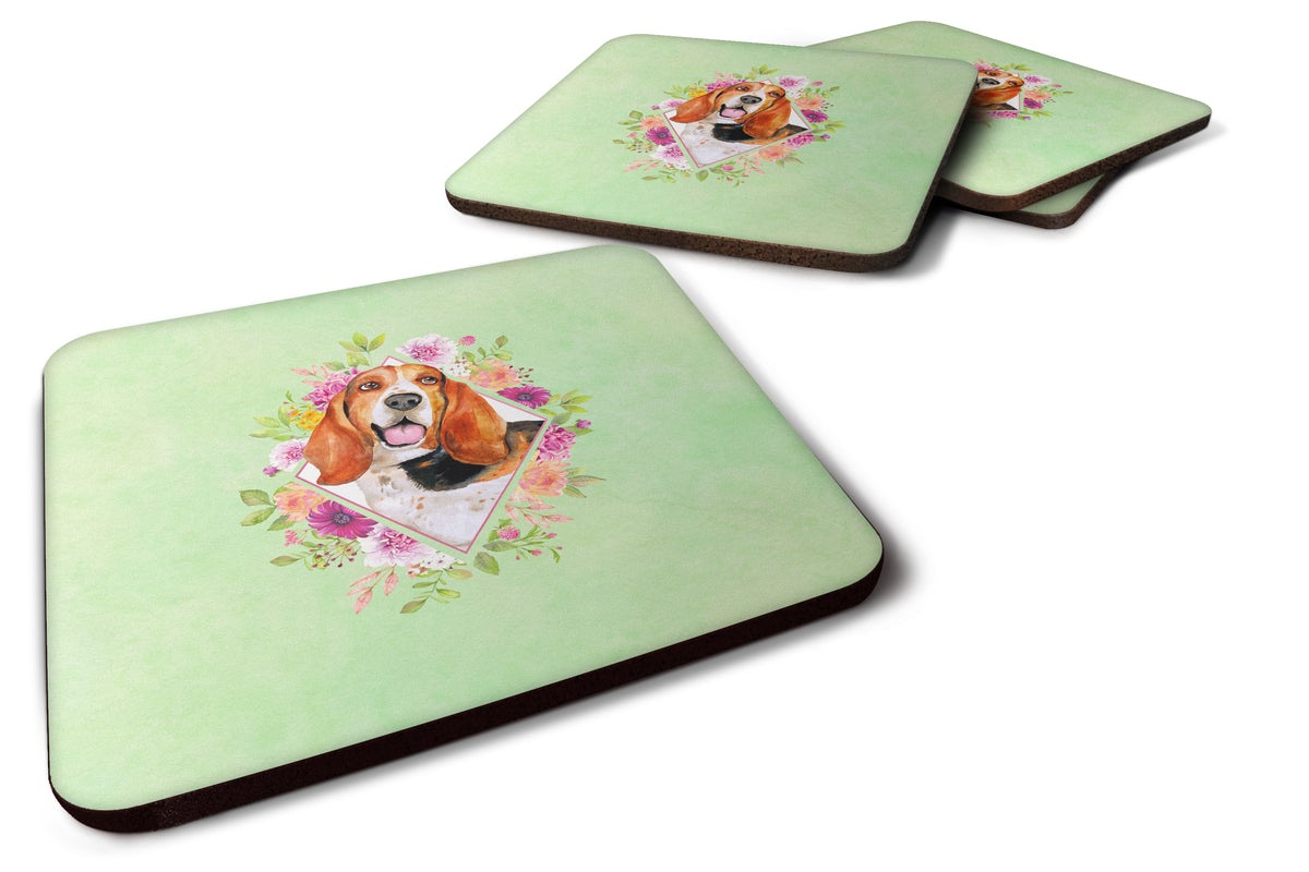 Set of 4 Basset Hound Green Flowers Foam Coasters Set of 4 CK4276FC - the-store.com