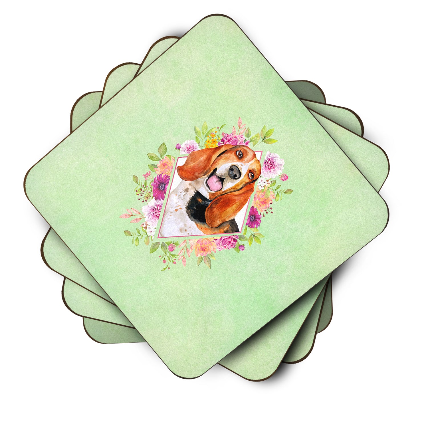 Set of 4 Basset Hound Green Flowers Foam Coasters Set of 4 CK4276FC - the-store.com