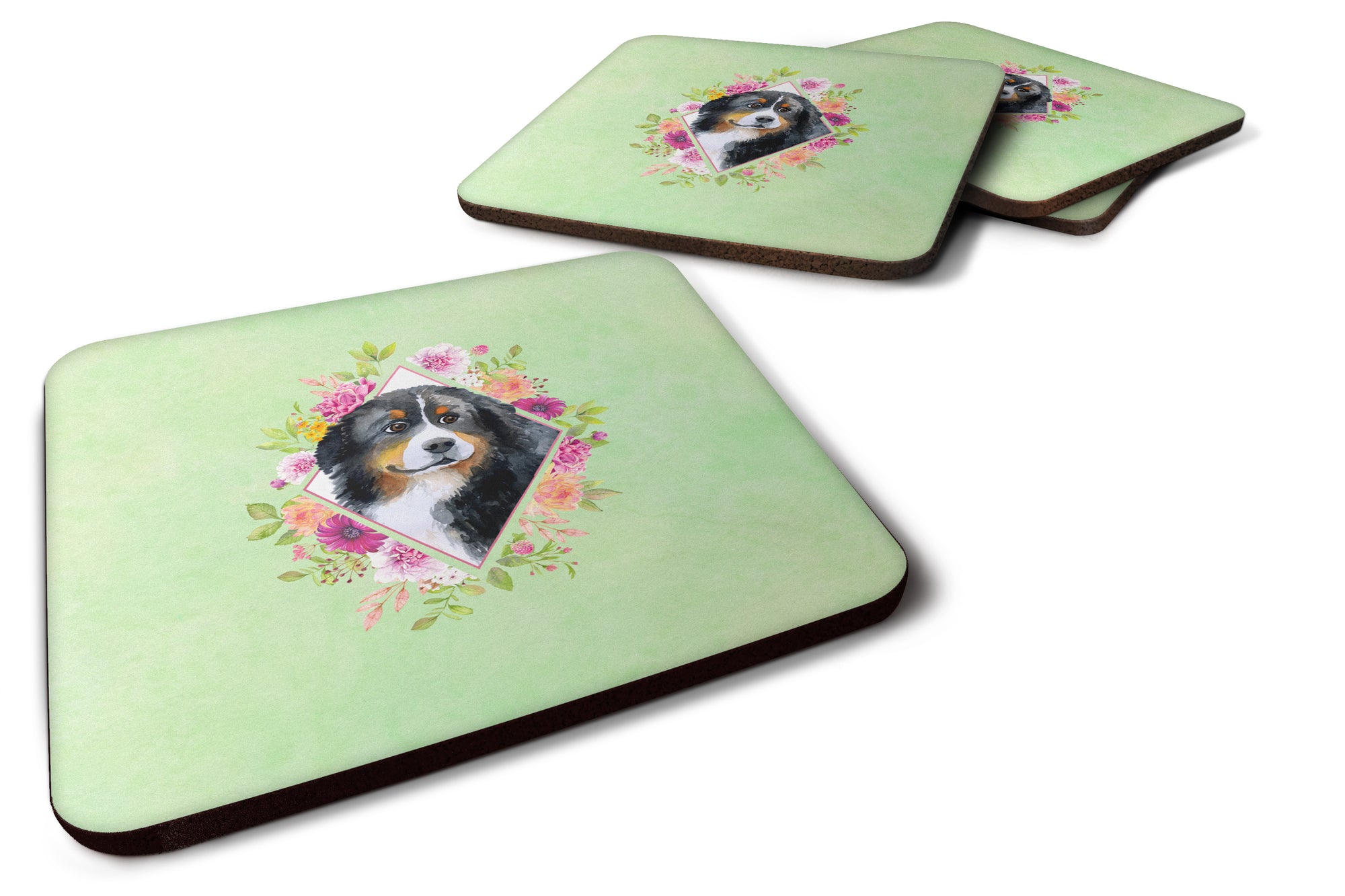 Set of 4 Bernese Mountain Dog Green Flowers Foam Coasters Set of 4 CK4278FC - the-store.com