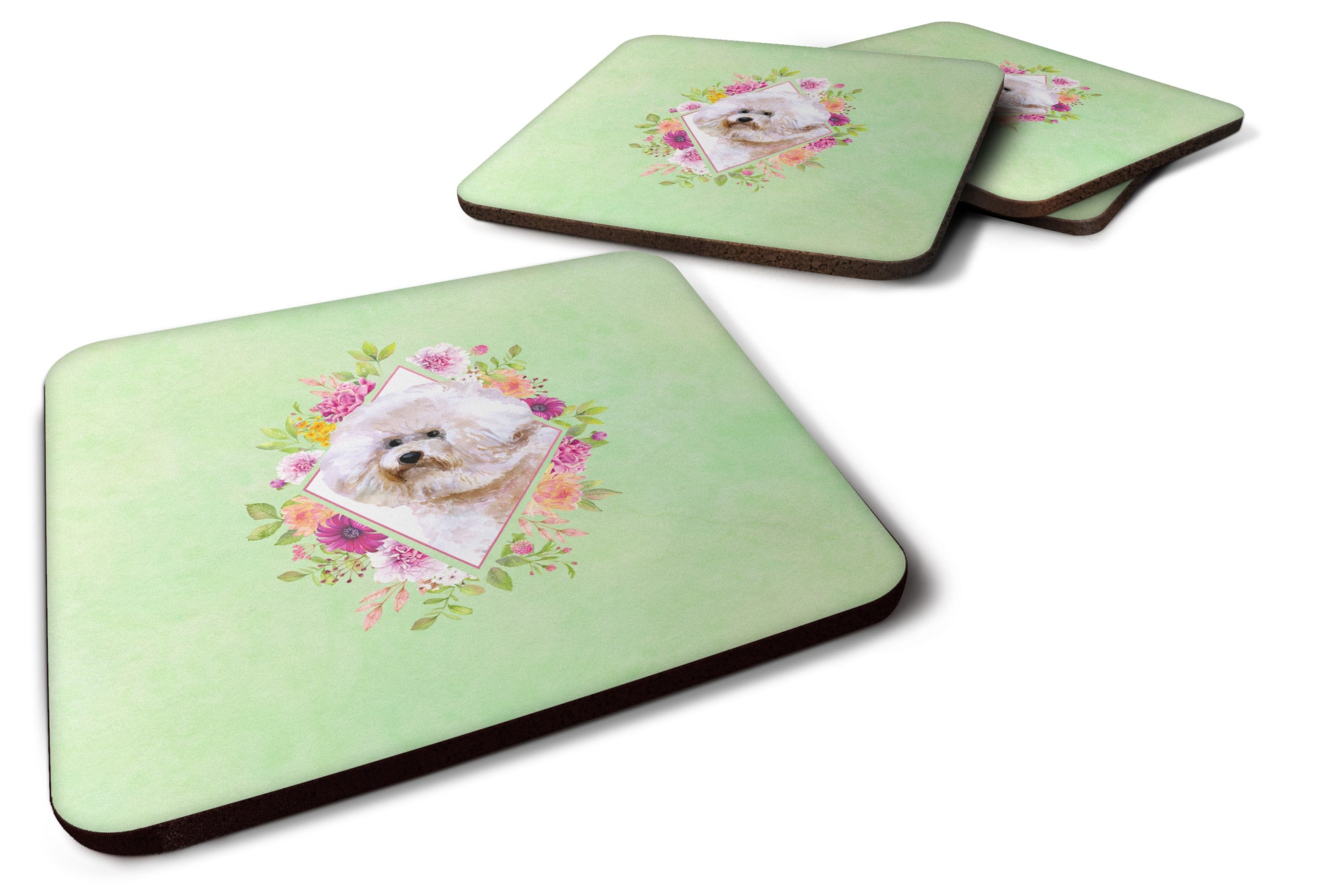 Set of 4 Bichon Fris? #1 Green Flowers Foam Coasters Set of 4 CK4279FC - the-store.com