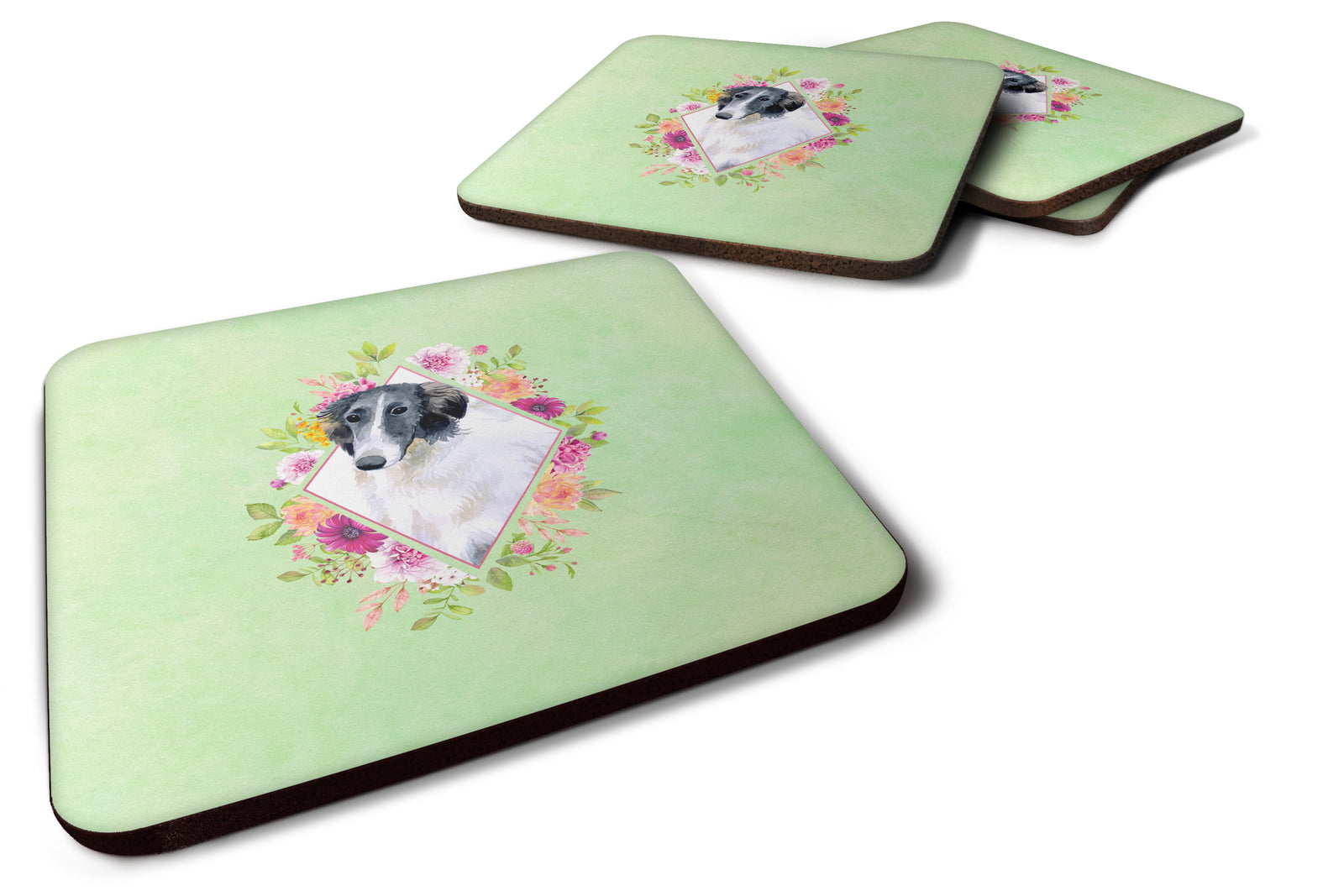 Set of 4 Borzoi Green Flowers Foam Coasters Set of 4 CK4282FC - the-store.com