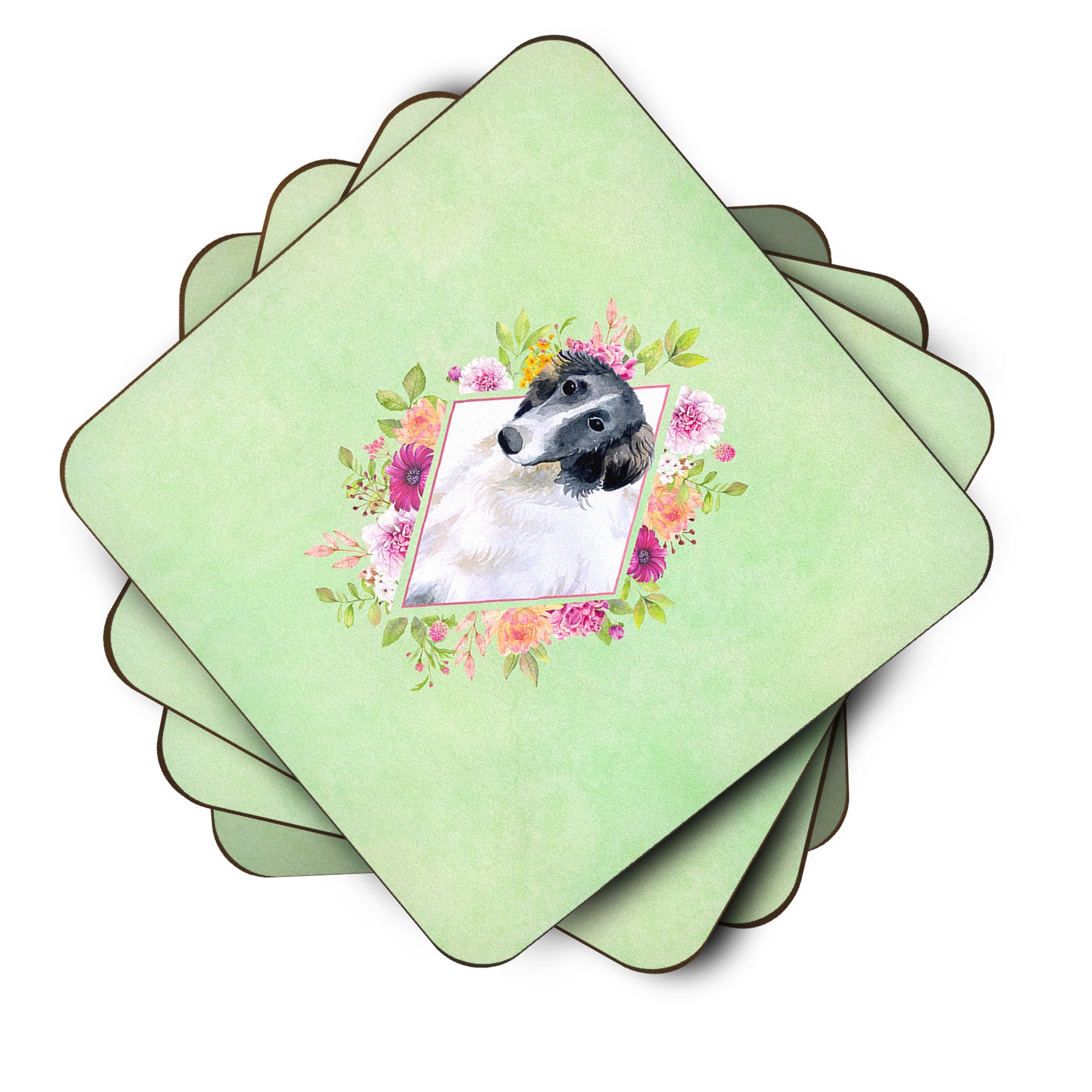 Set of 4 Borzoi Green Flowers Foam Coasters Set of 4 CK4282FC - the-store.com