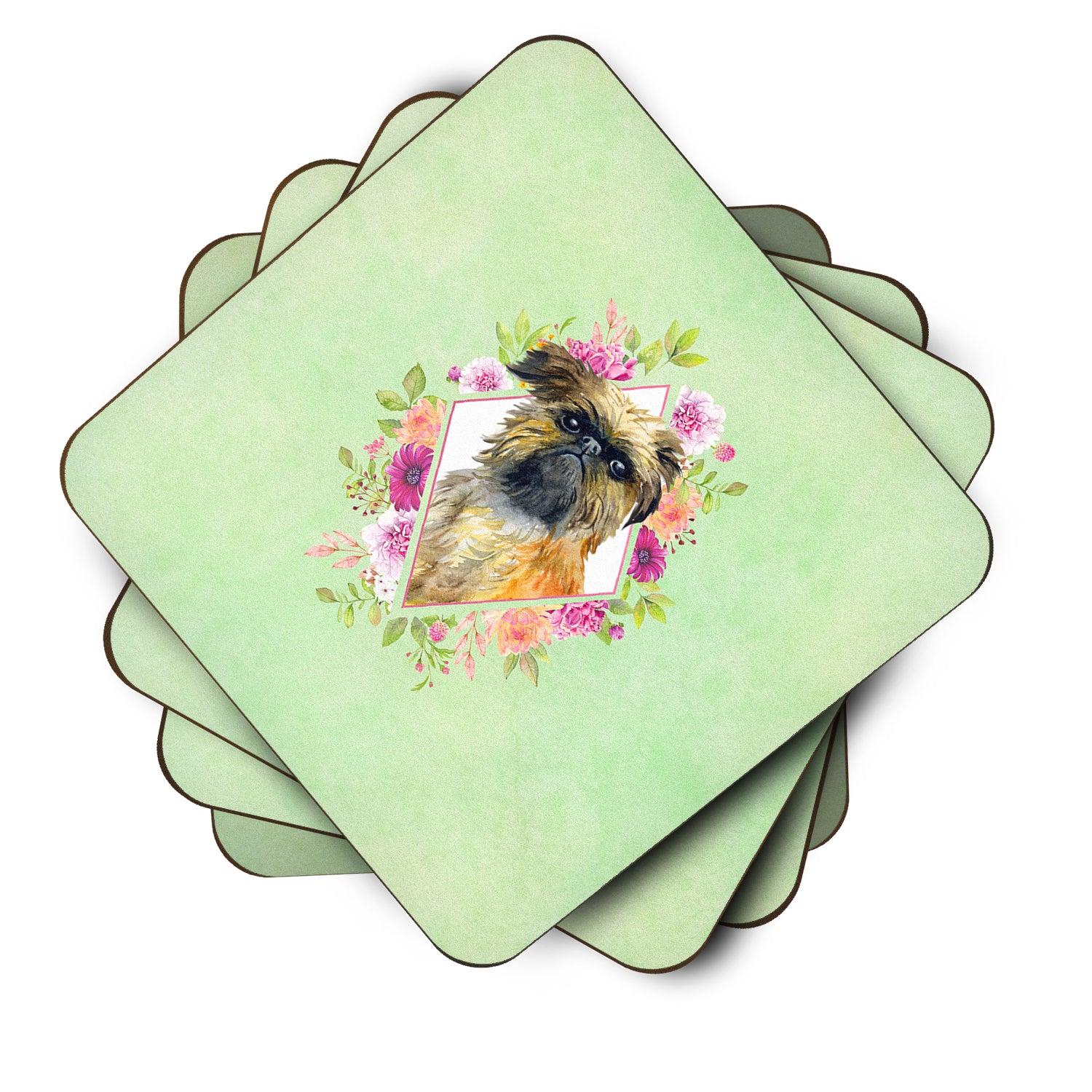 Set of 4 Brussels Griffon Green Flowers Foam Coasters Set of 4 CK4283FC - the-store.com