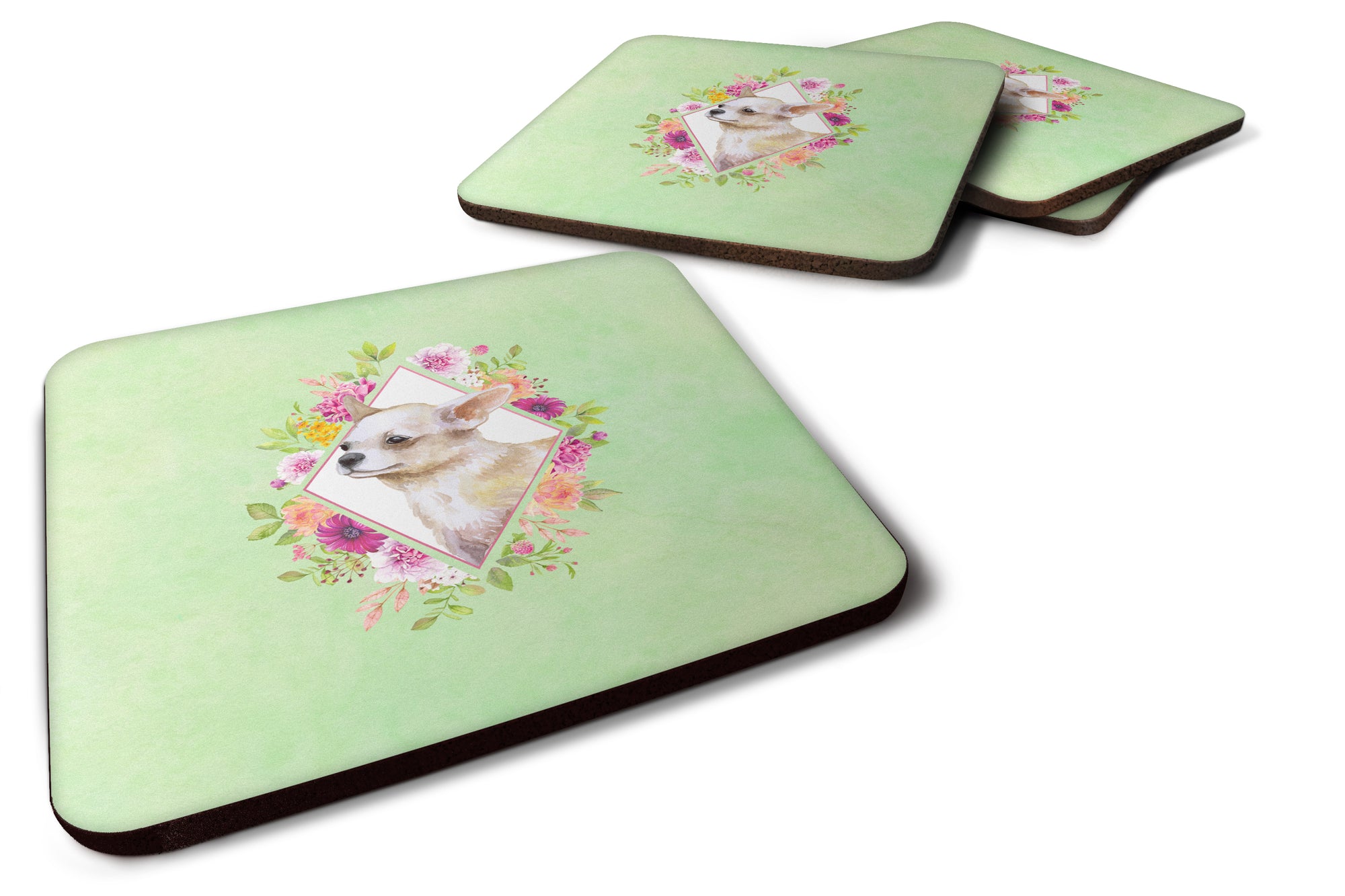 Set of 4 Chihuahua #2 Green Flowers Foam Coasters Set of 4 CK4289FC - the-store.com