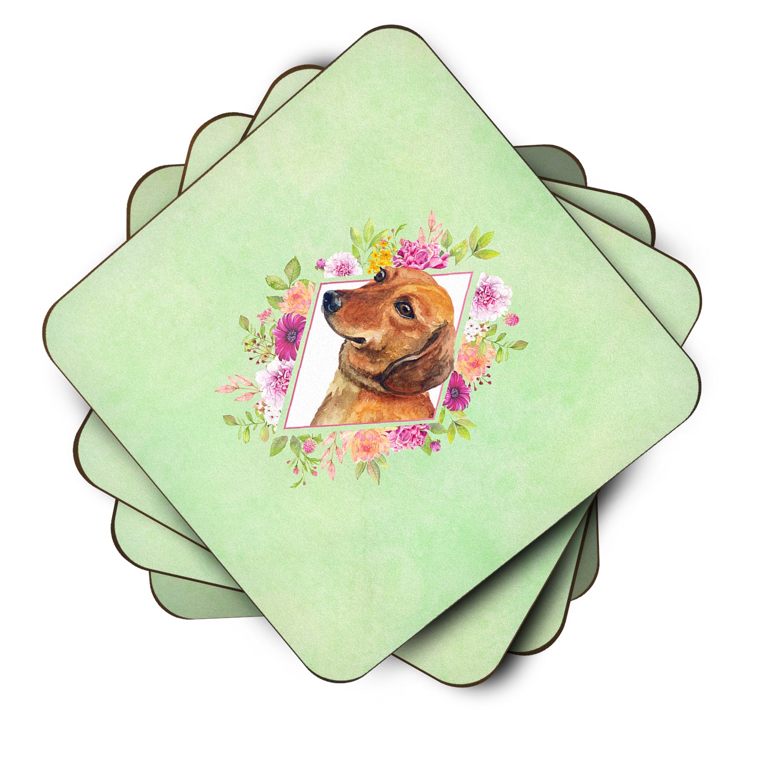 Set of 4 Dachshund Red #1 Green Flowers Foam Coasters Set of 4 CK4294FC - the-store.com