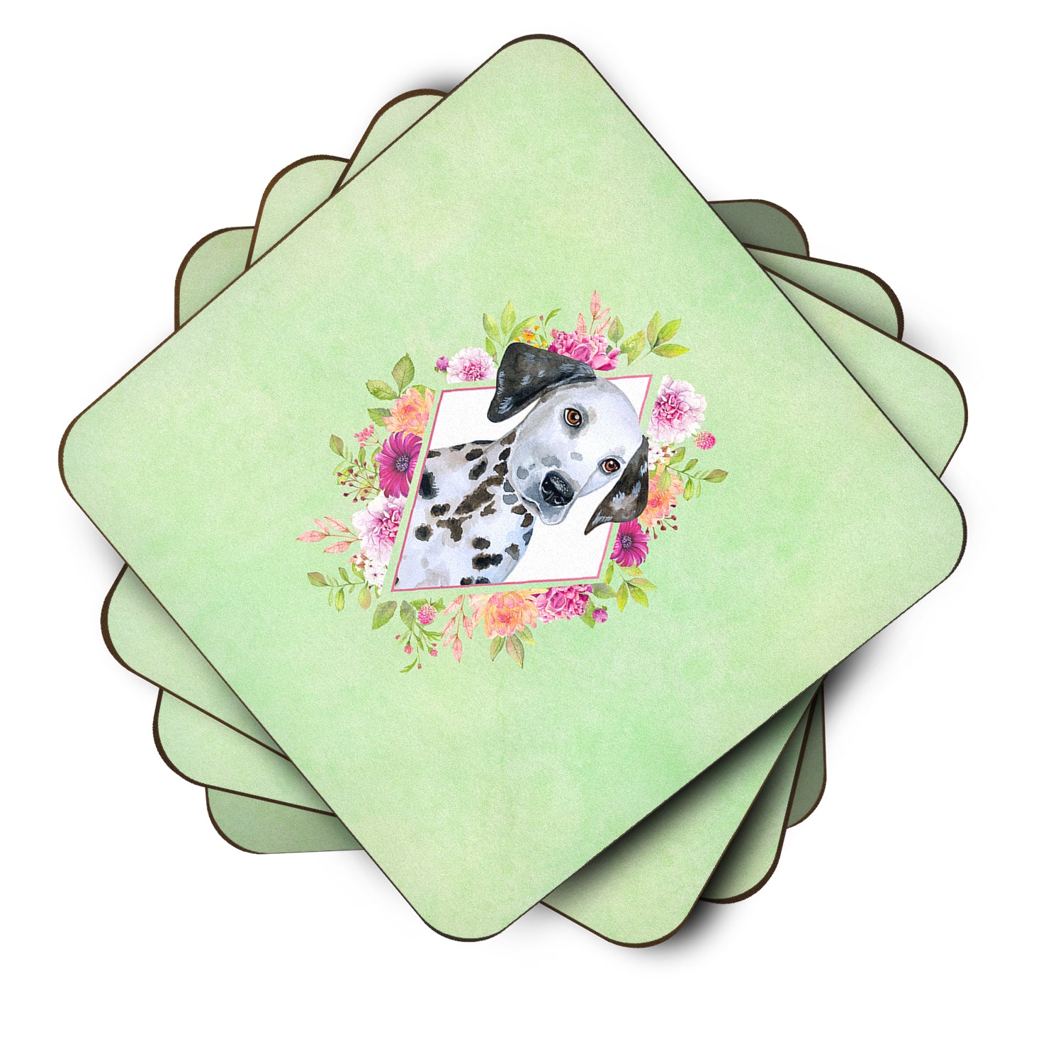 Set of 4 Dalmatian Puppy Green Flowers Foam Coasters Set of 4 CK4296FC - the-store.com