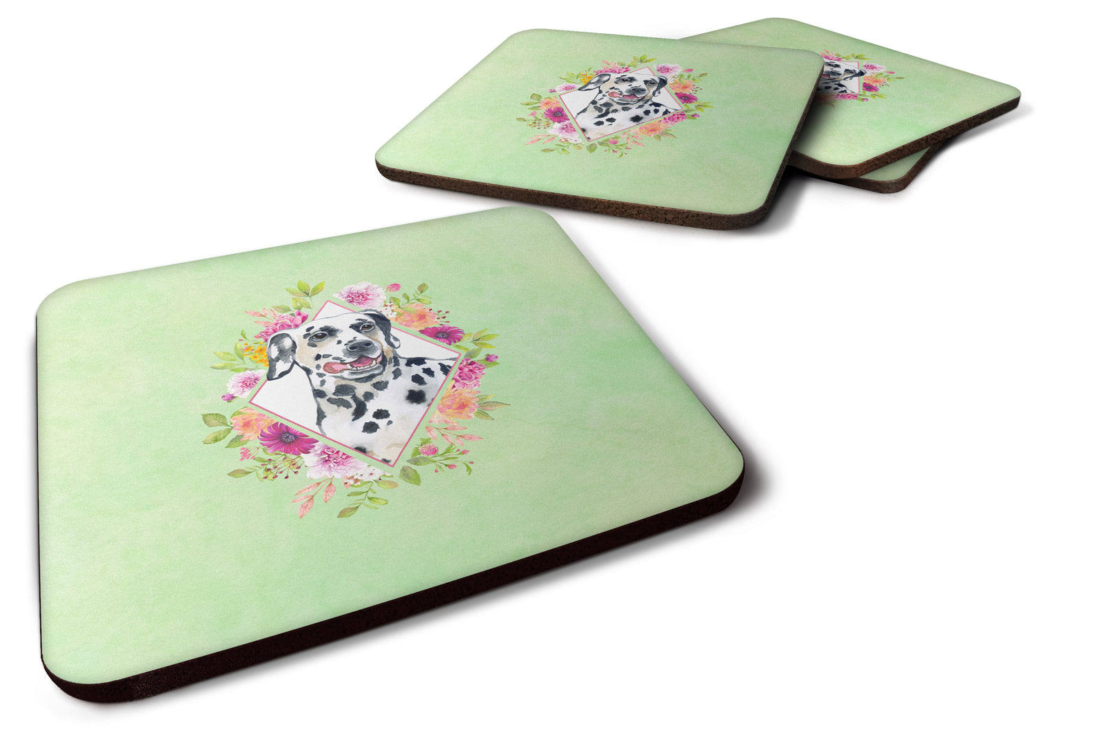 Set of 4 Dalmatian Green Flowers Foam Coasters Set of 4 CK4297FC - the-store.com