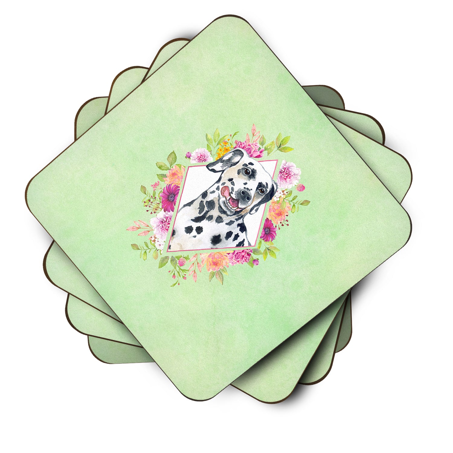 Set of 4 Dalmatian Green Flowers Foam Coasters Set of 4 CK4297FC - the-store.com