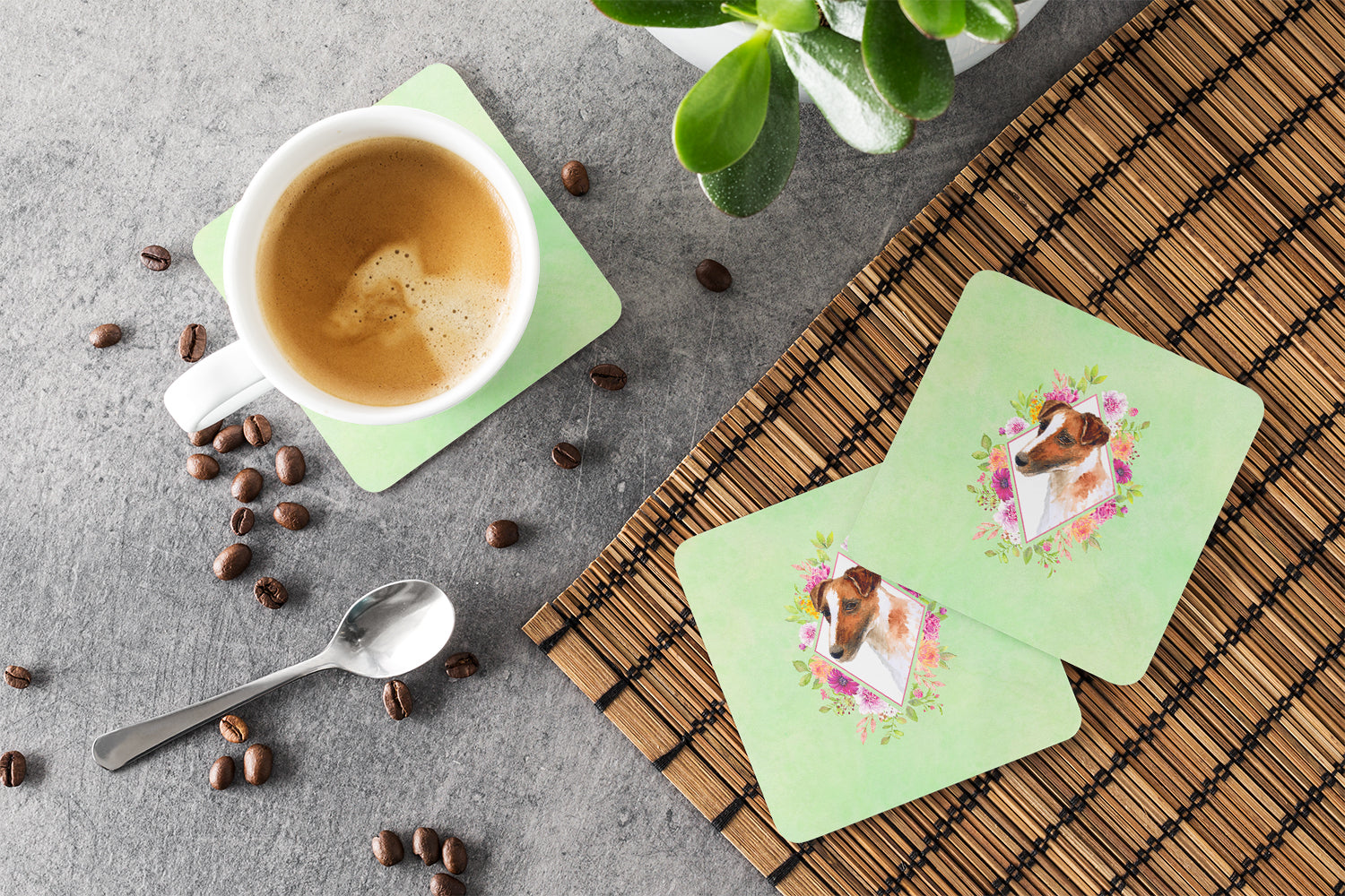 Set of 4 Jack Russell Terrier Green Flowers Foam Coasters Set of 4 CK4301FC - the-store.com