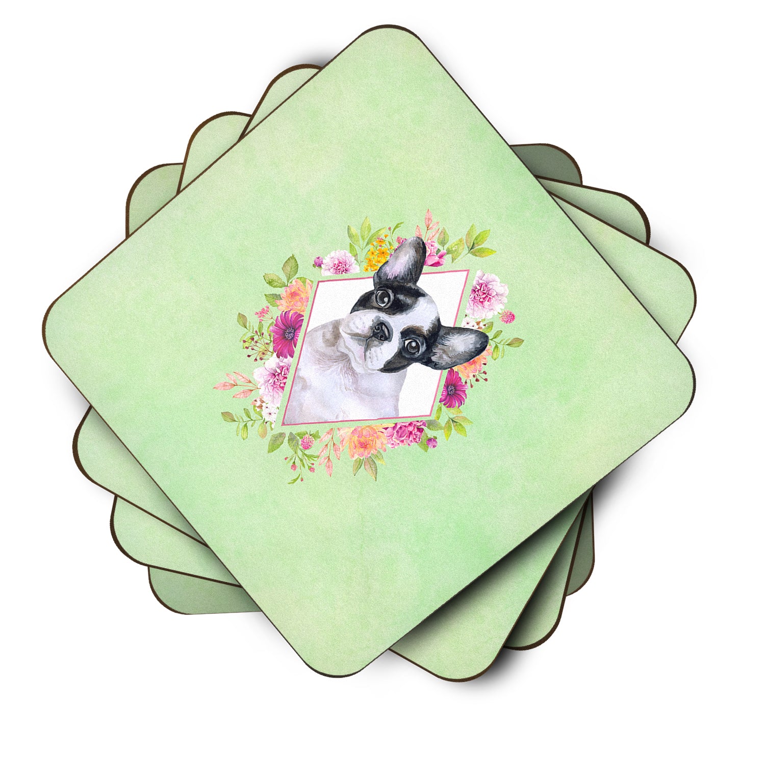 Set of 4 French Bulldog Green Flowers Foam Coasters Set of 4 CK4303FC - the-store.com