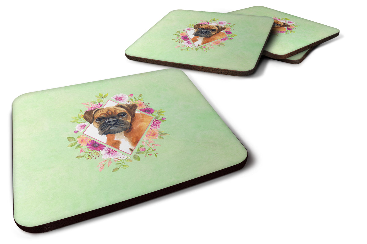 Set of 4 German Boxer Green Flowers Foam Coasters Set of 4 CK4305FC - the-store.com