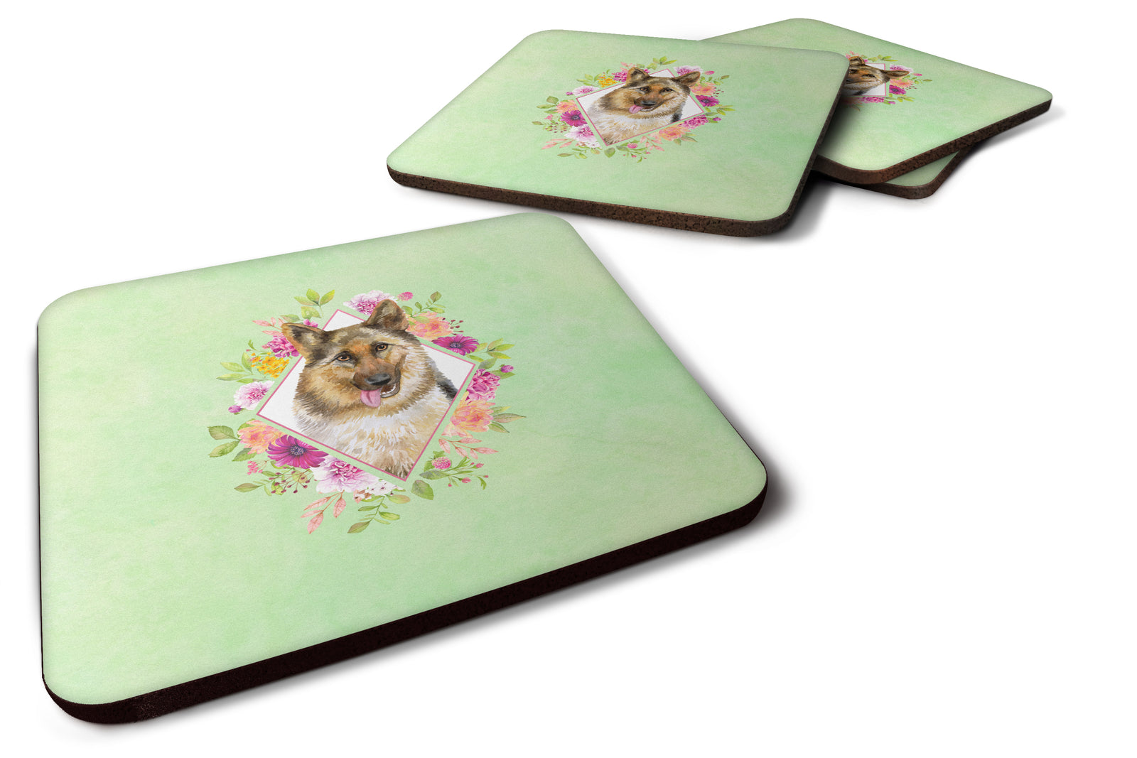 Set of 4 German Shepherd #1 Green Flowers Foam Coasters Set of 4 CK4306FC - the-store.com