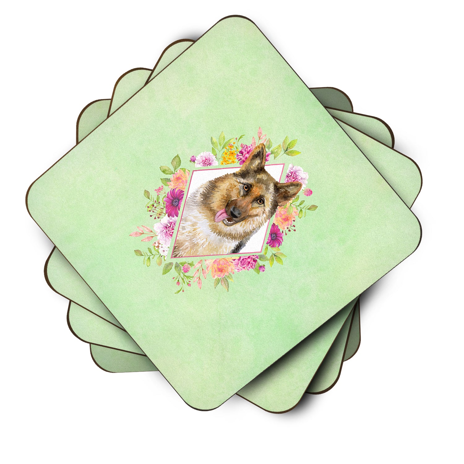 Set of 4 German Shepherd #1 Green Flowers Foam Coasters Set of 4 CK4306FC - the-store.com