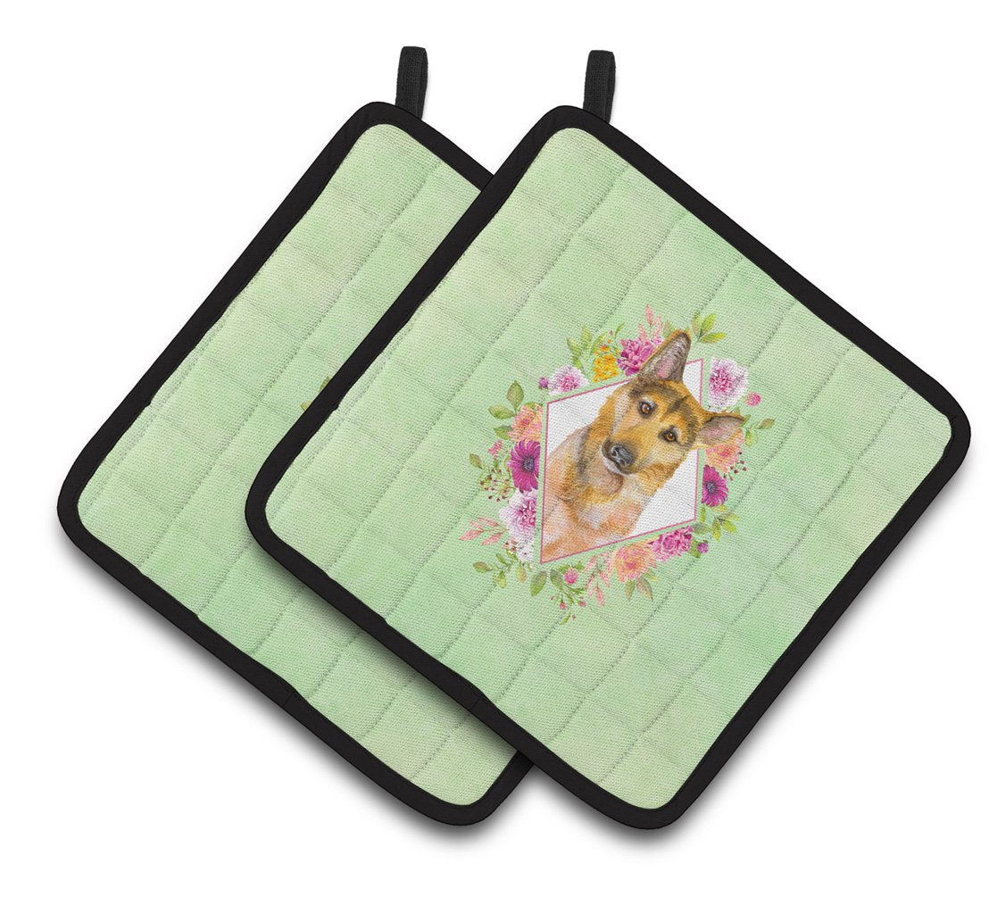 German Shepherd #2 Green Flowers Pair of Pot Holders CK4307PTHD by Caroline's Treasures