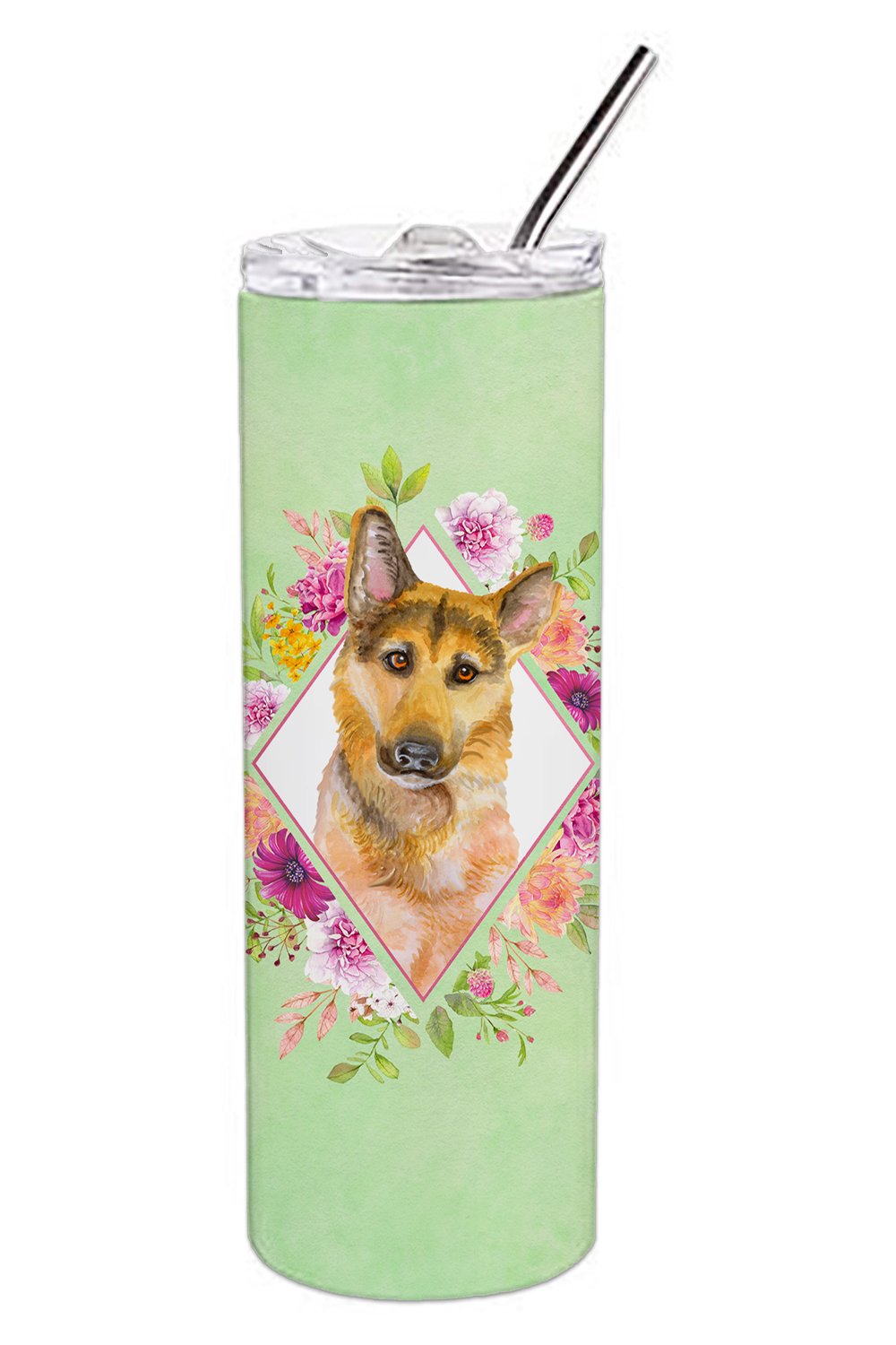 German Shepherd #2 Green Flowers Double Walled Stainless Steel 20 oz Skinny Tumbler CK4307TBL20 by Caroline&#39;s Treasures