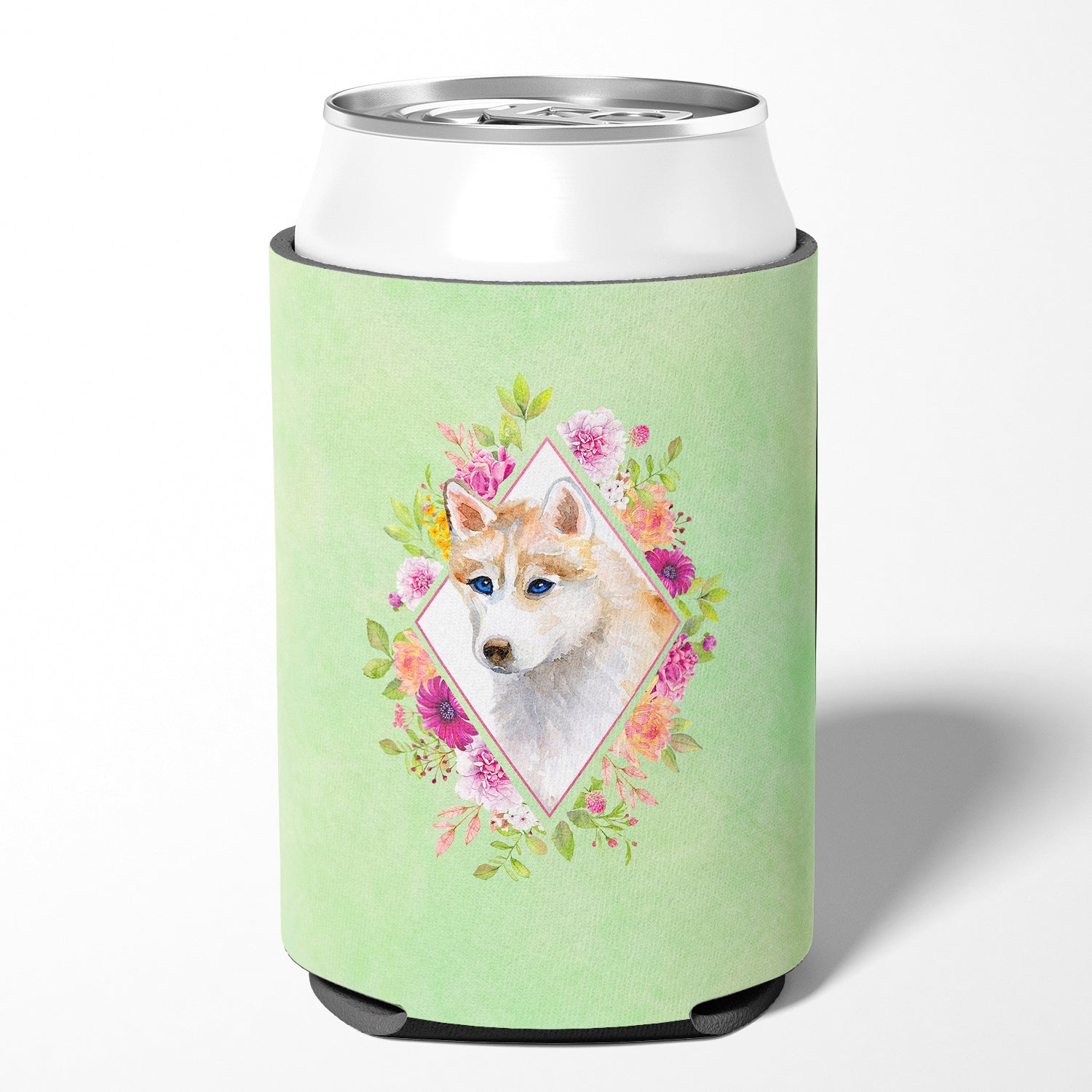 Red Siberian Husky Green Flowers Can or Bottle Hugger CK4308CC  the-store.com.