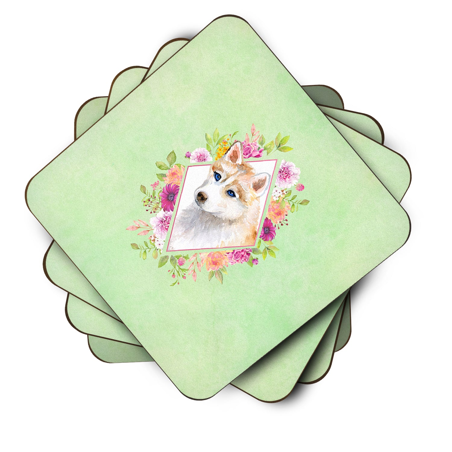 Set of 4 Red Siberian Husky Green Flowers Foam Coasters Set of 4 CK4308FC - the-store.com