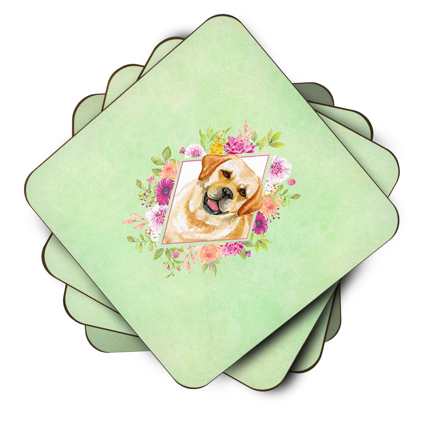 Set of 4 Golden Retriever Green Flowers Foam Coasters Set of 4 CK4309FC - the-store.com